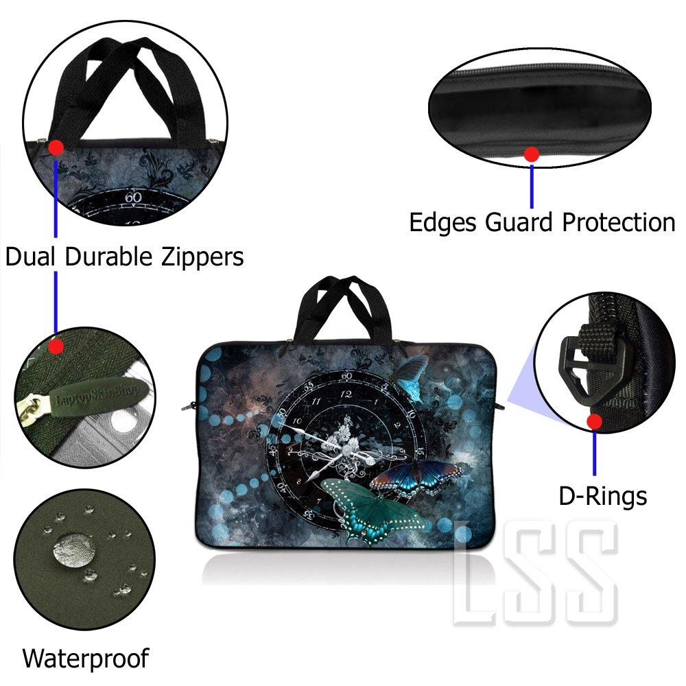LSS Laptop Skin Shop 14\" - 14.9\" Neoprene Laptop Sleeve Bag Carrying Case with Handle - Clock Butterfly Time