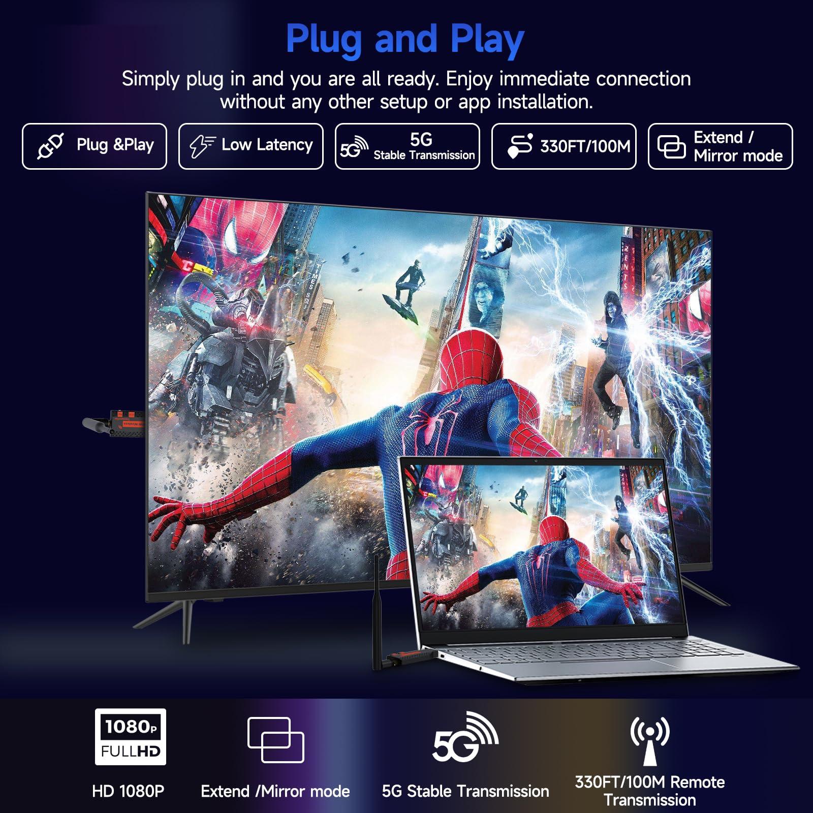 Taiquinix Wireless HDMI,One Transmitter and Two Receiver, 330FT/100M 4K Decode 1080P Output,Plug & Play Portable 2.4G/5G Wireless HDMI Extender Kit Support Simultaneous Playback on Multiple Devices (1 TX+2 RX