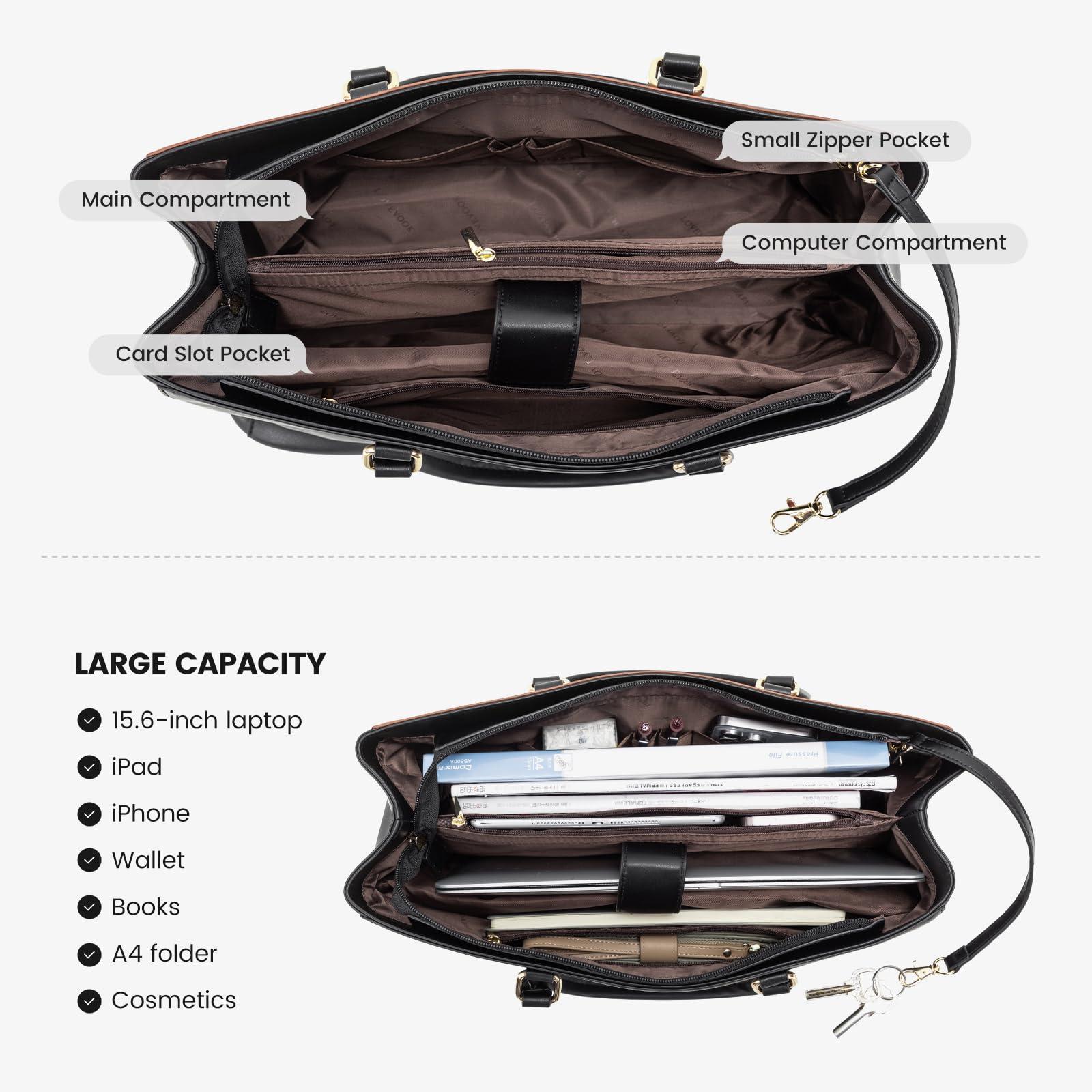 LOVEVOOK LOVEVOOK Laptop Tote Bag for Women, Office Work Bag Briefcase fit for 15.6 inch Laptop, Large Capacity Teacher Computer Bag Handbag Black/Brown