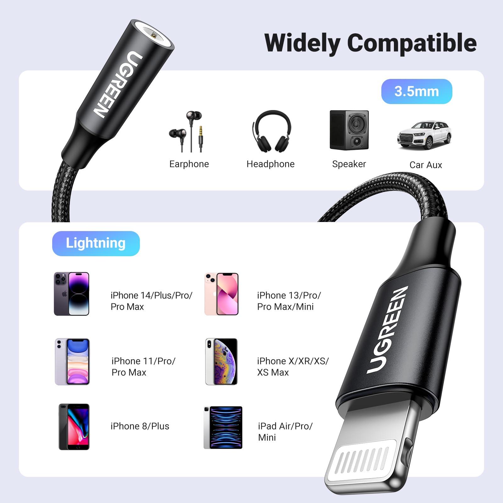 UGREEN UGREEN Headphone Adapter for iPhone Lightning to 3.5mm Adapter Apple MFi Certified Lightning Aux Audio Jack Dongle Compatible with iPhone 14 Pro Max/14 Plus/13 12 11 Pro Max/SE/XS, Black