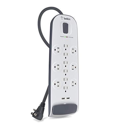 Belkin Belkin USB Power Strip Surge Protector - 12 AC Multiple Outlets & 2 USB Ports - 6 ft Long Flat Plug Extension Cord for Home, Office, Travel, Computer Desktop & Charging Brick - White (3,996 Joules)