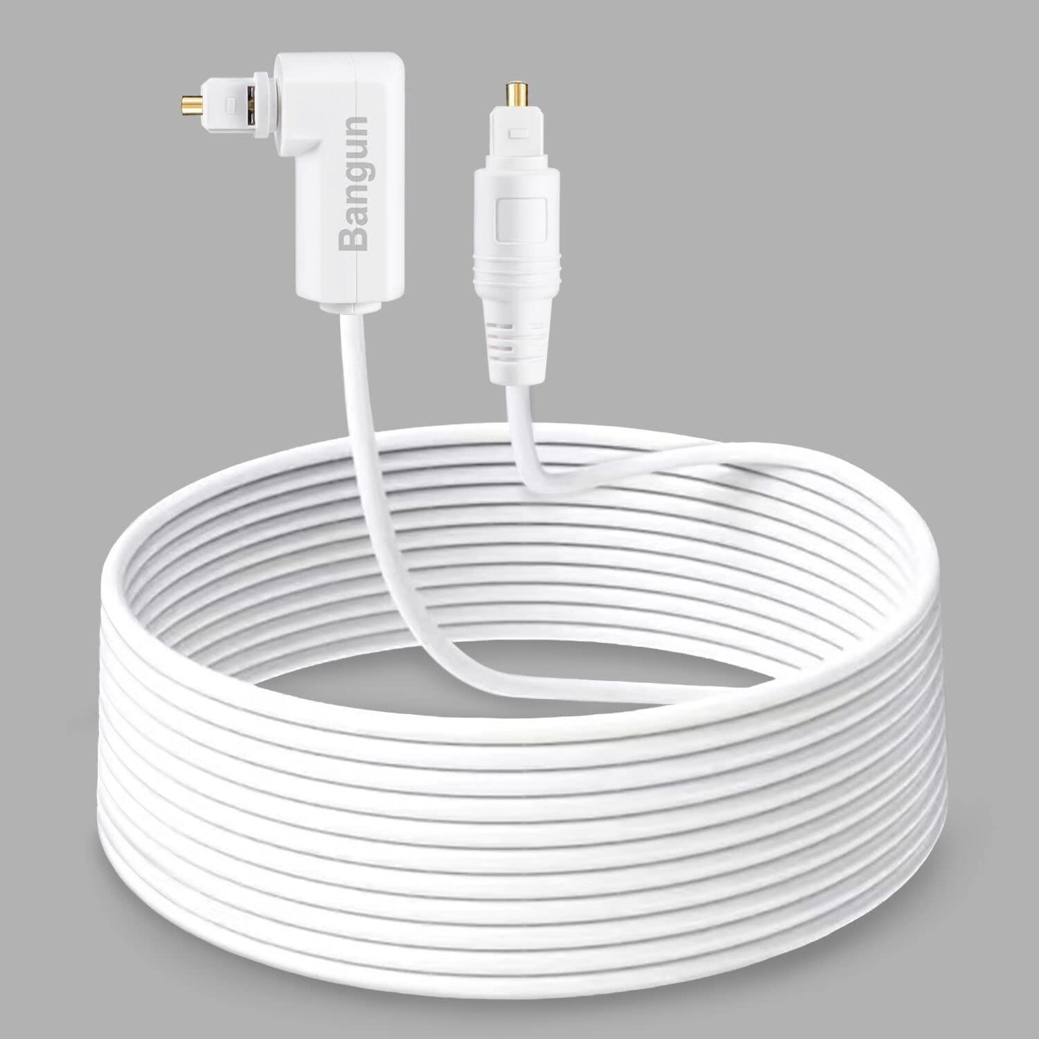 Bangun White Optical Audio Cable 30ft, Slim 90 Degree Digital Audio Optical Cord, SPDIF Toslink Optical Cable, Right Angle Fiber Optic Audio Cable, Digital Sound Cable for Sound Bar/TV/PS4/Xbox/Home Theater