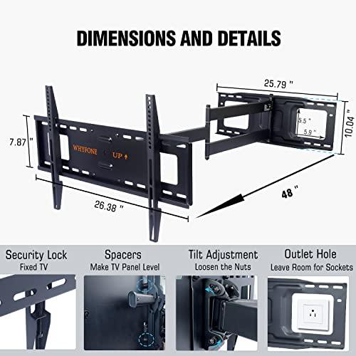 WHYFONE 48\'\' Extension Long Arm TV Wall Mount, WHYFONE Large TV Heavy Duty Full Motion TV Wall Mount Swivel Tilt Level Articulating, 37-80\'\'TV, Max VESA 600x400mm, 16\'\'18\'\'24\'\' Wood Studs/Concrete/Brick Wall