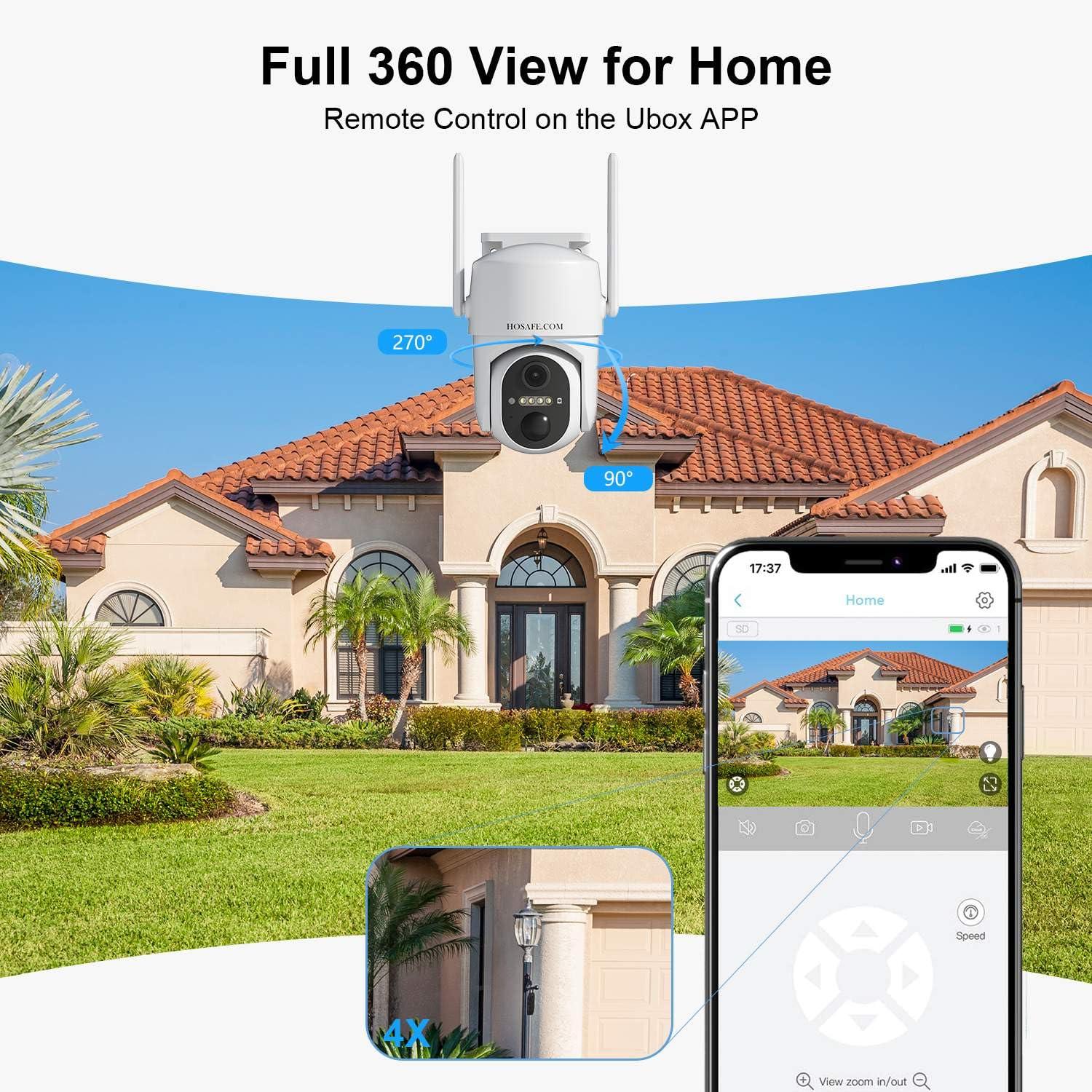 HOSAFE.COM Security Cameras Wireless Outdoor, WIFI Cameras for Home Security, Wireless Outdoor Security Camera Solar Powered, 360 Camera with PTZ, PIR Sensor, 2K HD Color Night Vision, SD/Cloud, IP66 Waterproof