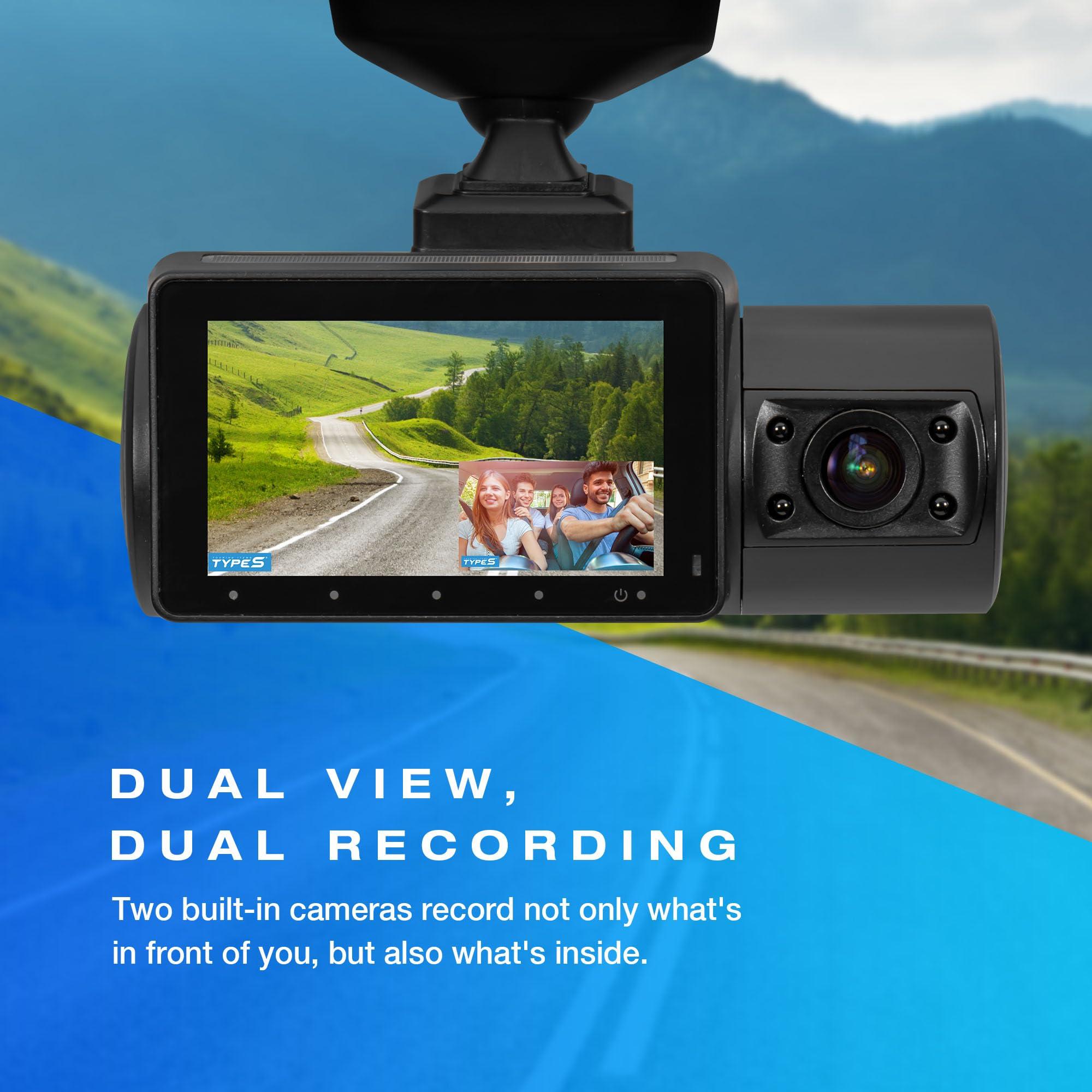 TYPE S TOURING ITEMS Type S S402 4K Dual View Car Dash Cam with 1080P Interior Surveillance Infrared Camera, Wireless Video Access via App Control, 24H Smart G-Sensor Monitoring, Night Vision, 16GB Memory Card Included
