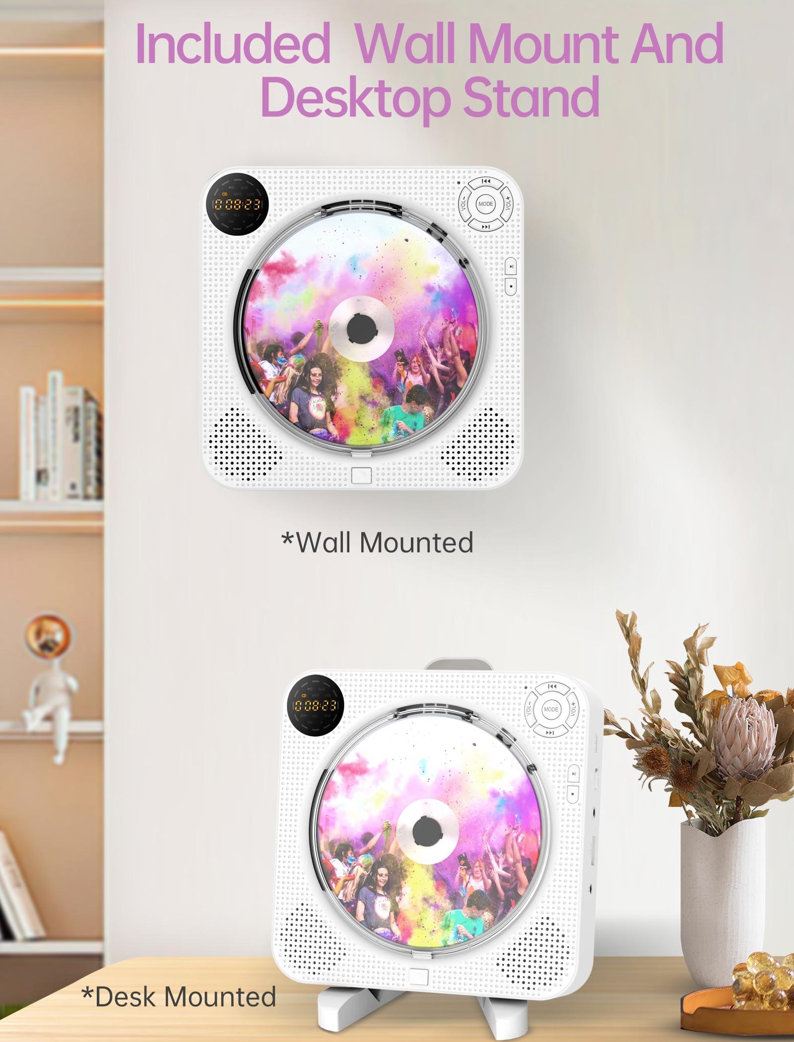 Desobry CD Player Portable, Bluetooth CD Player with Speakers DESOBRY Small CD Player for Home with Remote Control FM Radio Digital Screen Headphone Jack, Wall CD Player Support AUX in Cable&USB, White