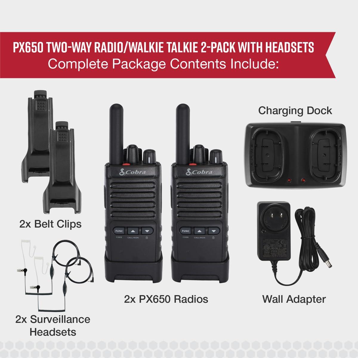Cobra Cobra PX652 Professional Walkie Talkies - Rechargeable, 22 Channels, 300,000 sq. ft/25 Floor Range, Dust Protected & Splashproof (IP54 Rating), Headsets and Chargers Included (2-Pack)