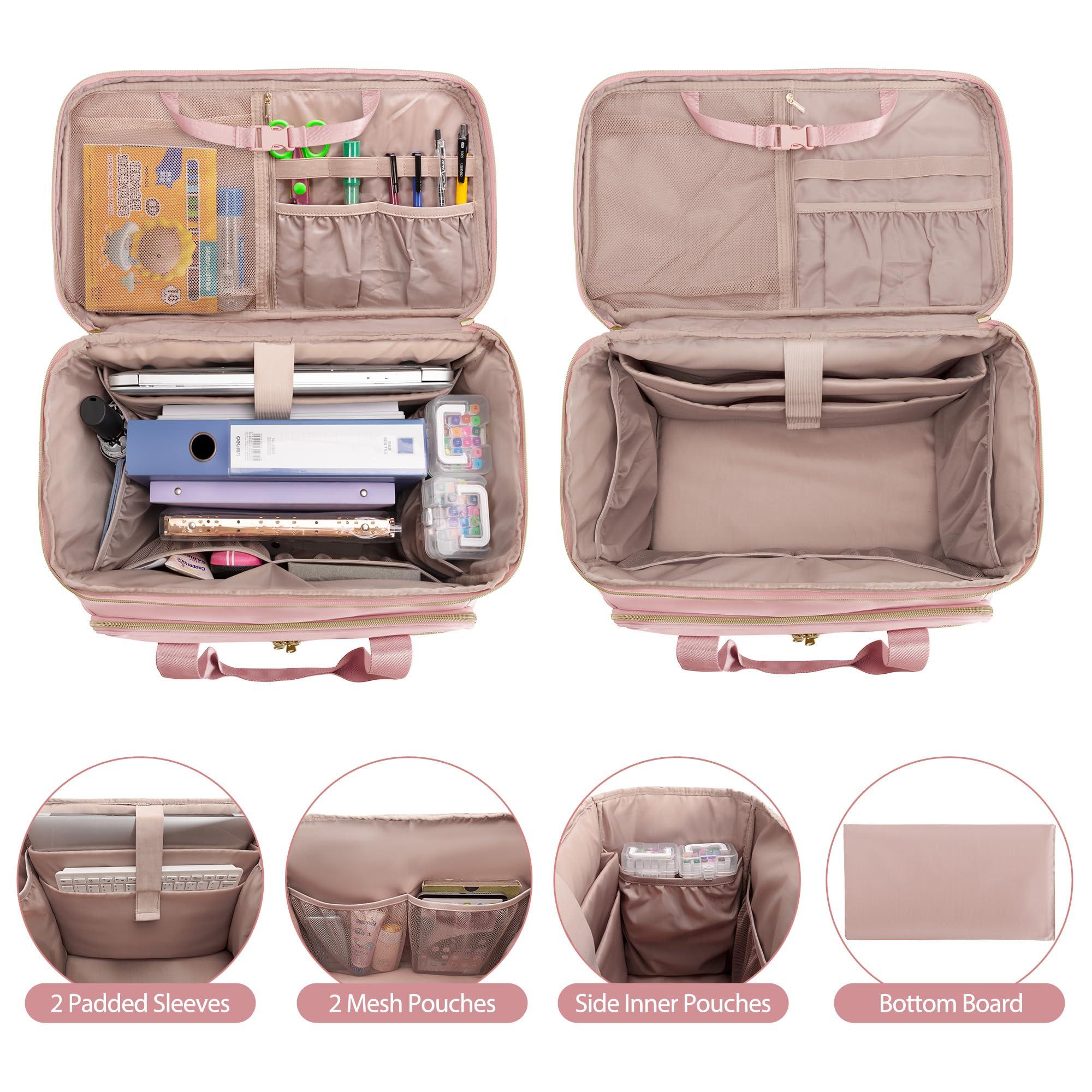 Prokva Prokva Rolling Teacher Bag with Wheels, Teacher Tote Bag with Detachable Trolley, Fits for 15.6" Laptop, Pink (Patent Design)
