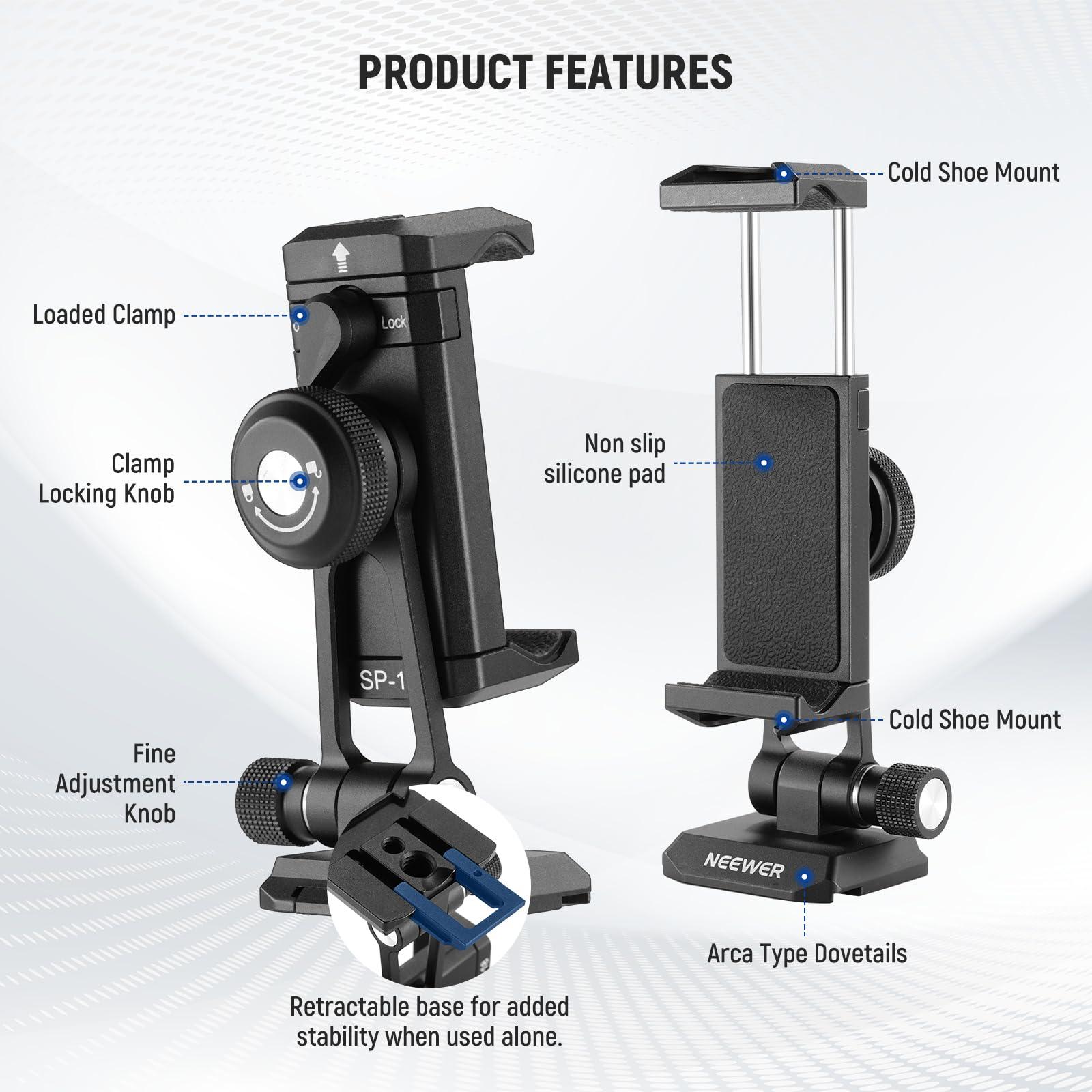 Neewer Neewer Phone Tripod Mount Adapter with Arca Type QR Base, Cold Shoe, 1/4" 3/8" Holes, 360 Swivel 180 Tilt, Phone Holder Compatible with iPhone Samsung Arca Swiss DJI RS 4 Pro 3 2 Stabilizer, SP-18