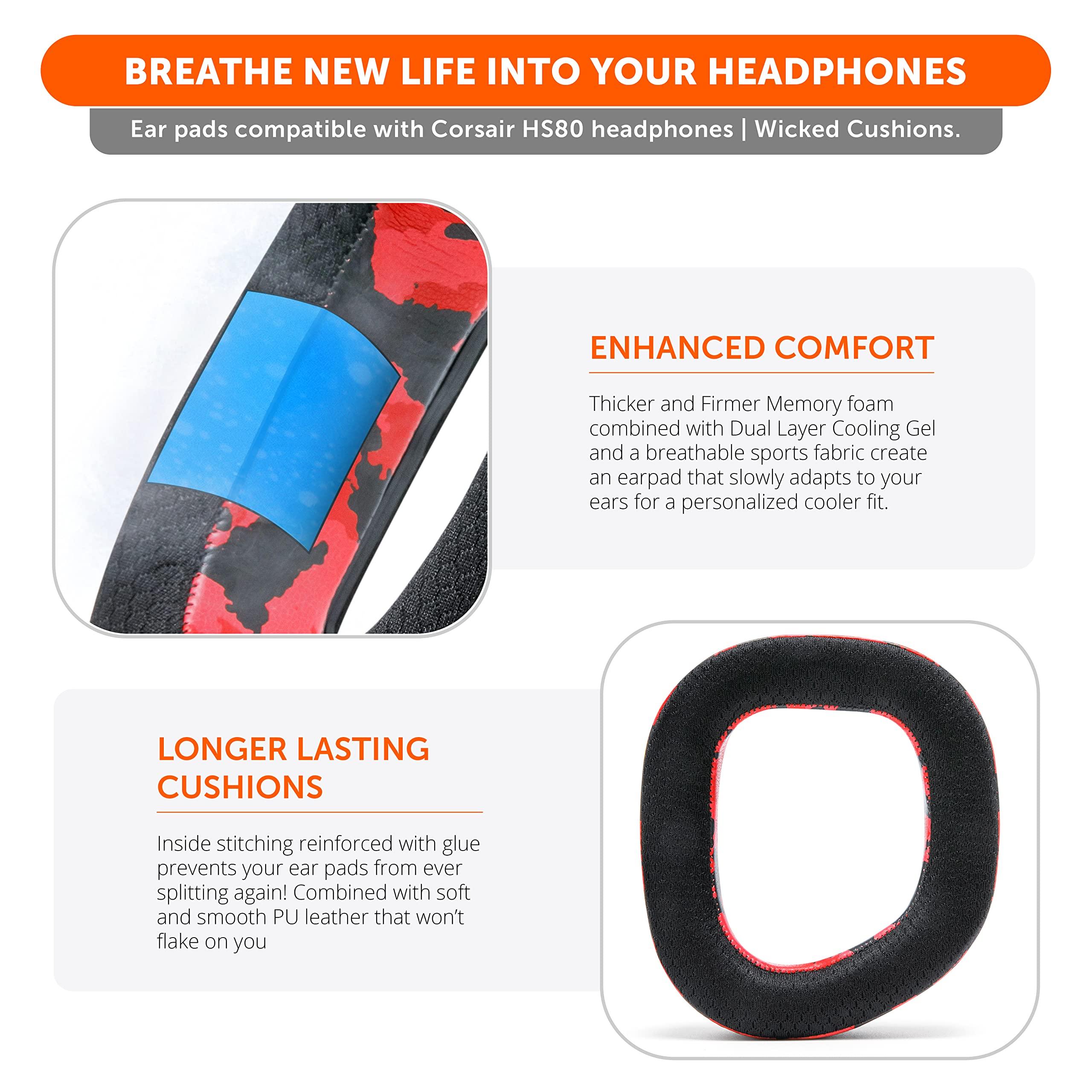 WC WC Freeze HS80 - Cooling Gel Earpads for Corsair HS80 RGB Wireless, Wired, & HS80 Max by Wicked Cushions - Elevate Comfort, Thickness & Sound Isolation for Epic Gaming Sessions | Red Camo