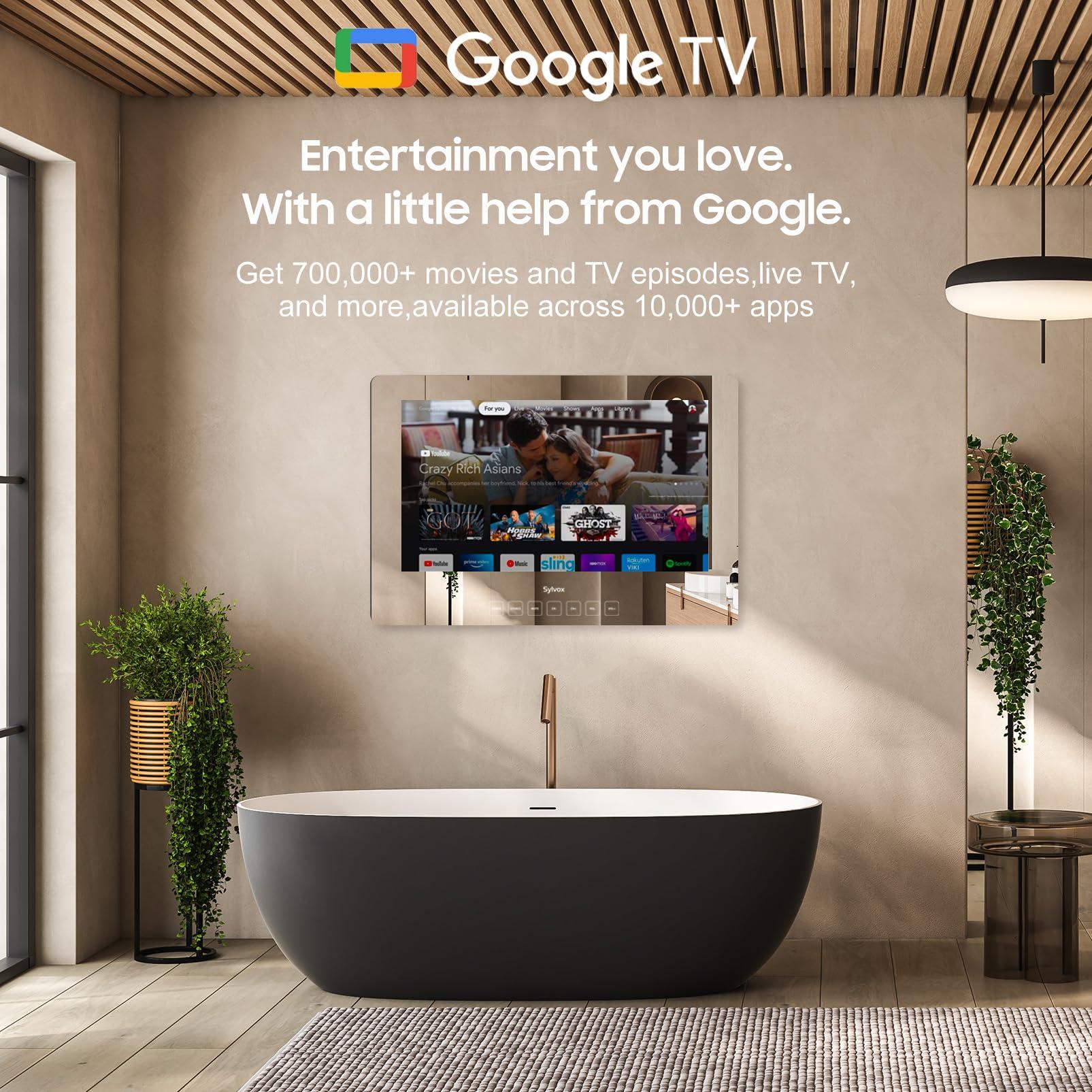 SYLVOX SYLVOX Bathroom TV, 32 inch Smart Mirror TV for Bathroom Shower SPA, Support Google TV, 1080P IP66 Waterproof Touch Button WiFi Bluetooth Google Assistant, Smart TV for Indoor Humid Environment