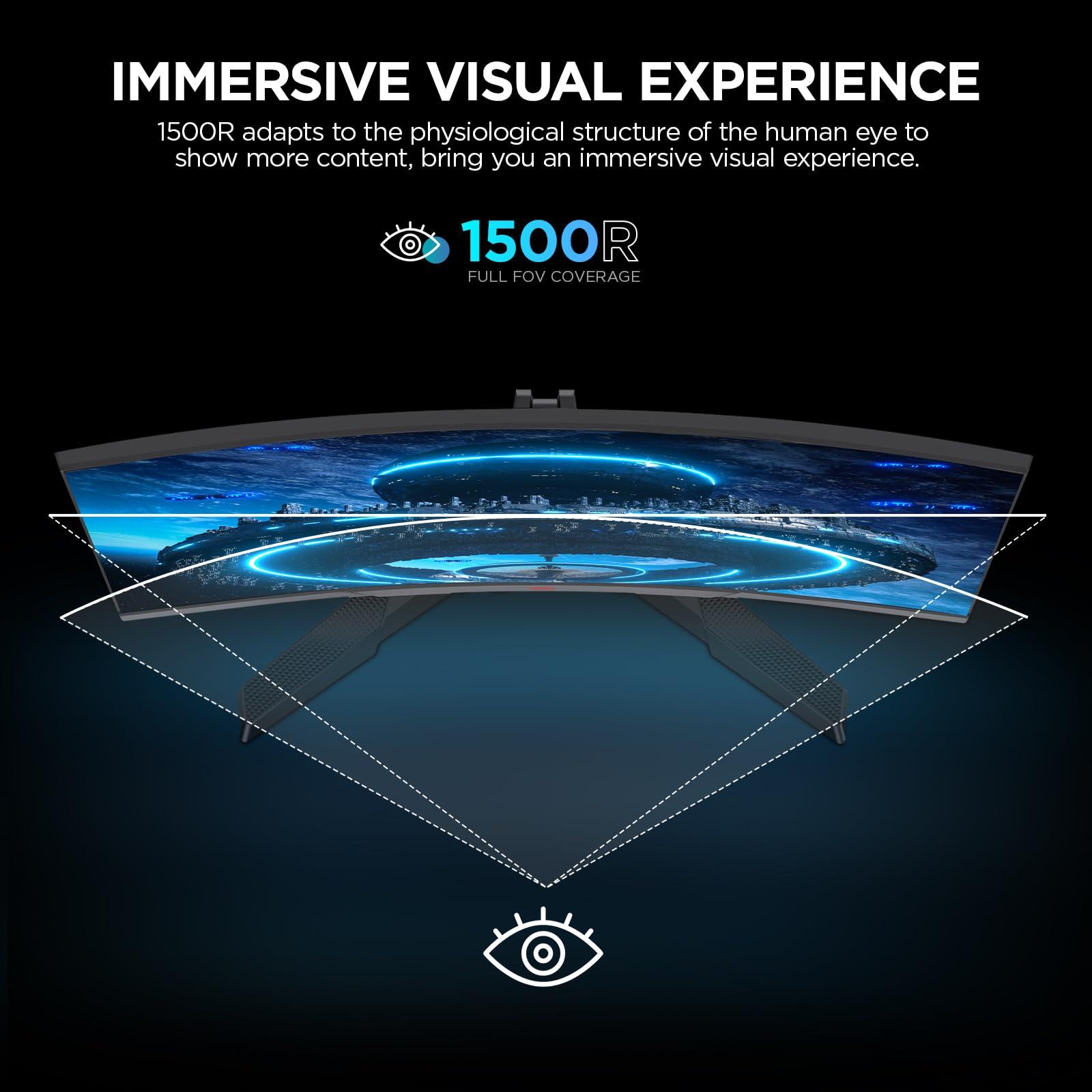 KOORUI KOORUI Curved 27 Inch Gaming Monitor, Full HD 1080p R1500 180Hz VA Computer Monitor, 99% sRGB, Built-in Adaptive Sync, 1 x Display Port 1.2 & 2 x HDMI 2.0, Eye Care, VESA Compatible, Black 27E6CA