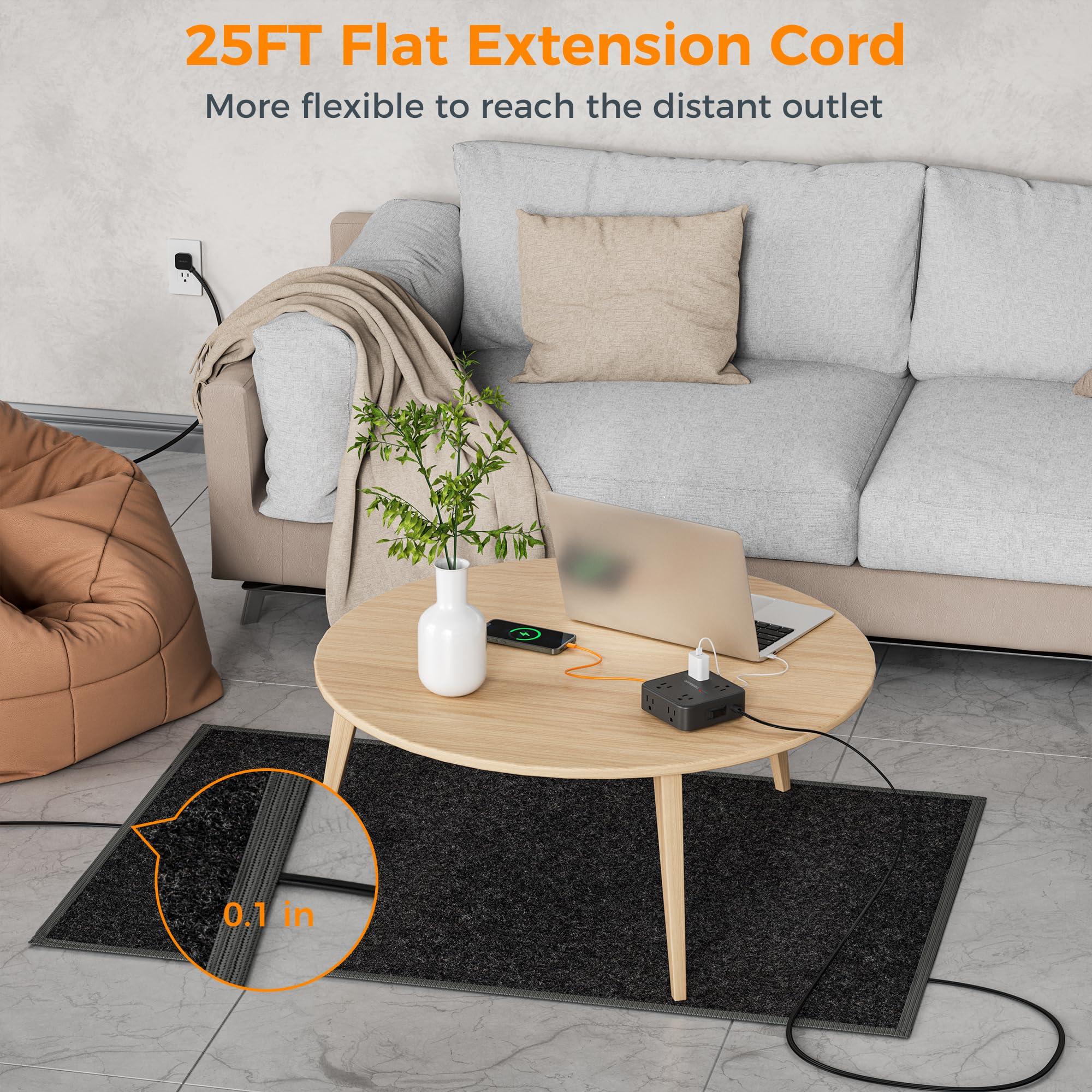 TESSAN Long Extension Cord 25 FT, TESSAN Ultra Thin Flat Plug Power Strip Surge Protector with 8 AC Outlets, 3 USB Charger(1 USB C), 900J Protection Black Charging Station for Home, Office, Dorm Essentials