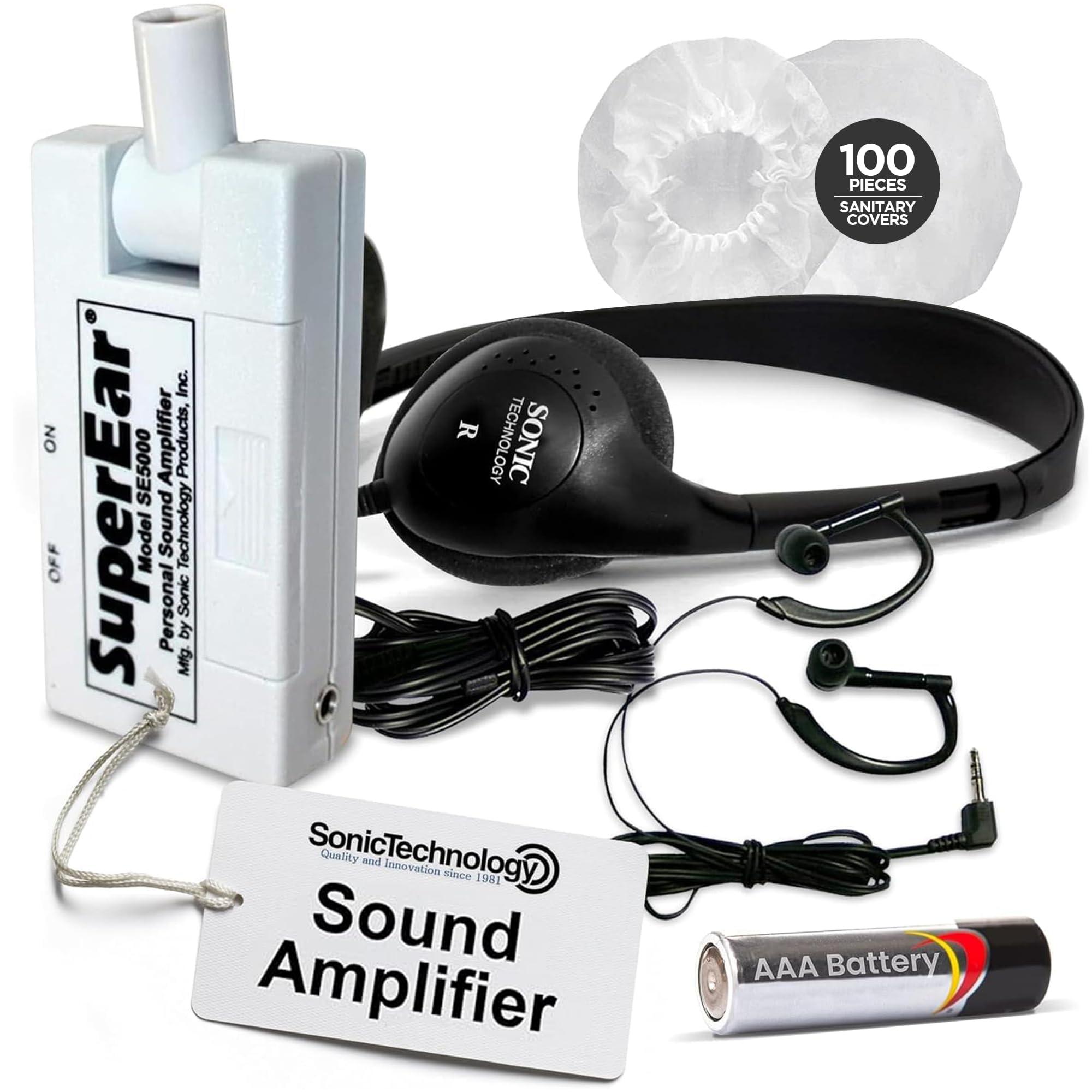 SuperEar SuperEar Bundle: Personal Sound Amplifier Model SE5000 (PSAP) Pocket-Size Audio Amplifier with Headphones and Earbuds for Listening Assist & 50 Pair, 2.5" Disposable Sanitary Ear Covers for Hygiene