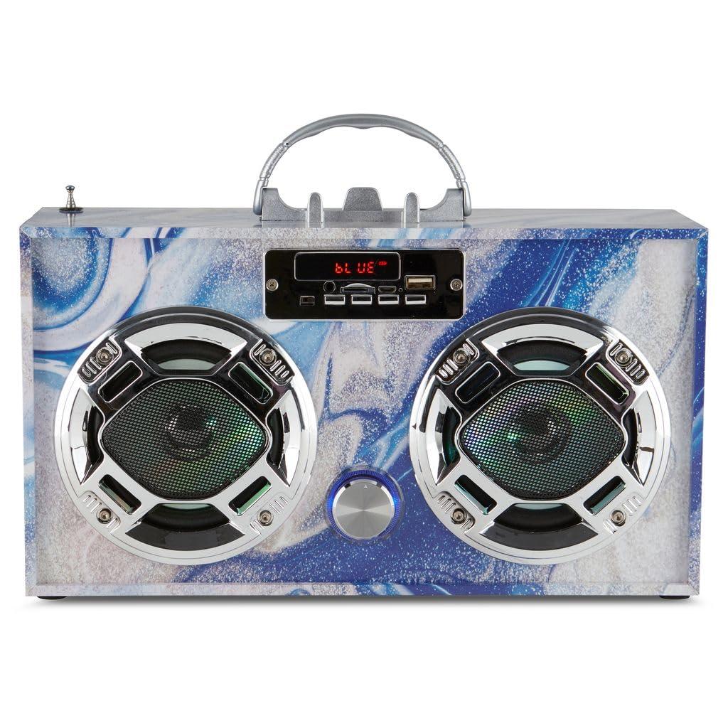 Wireless Express Wireless Express - Portable Party Speaker: Retro Boombox with Bluetooth, LED Light Show, Enhanced FM Radio, Rechargeable Battery (Blue Swirl - Bundle w/Mic)