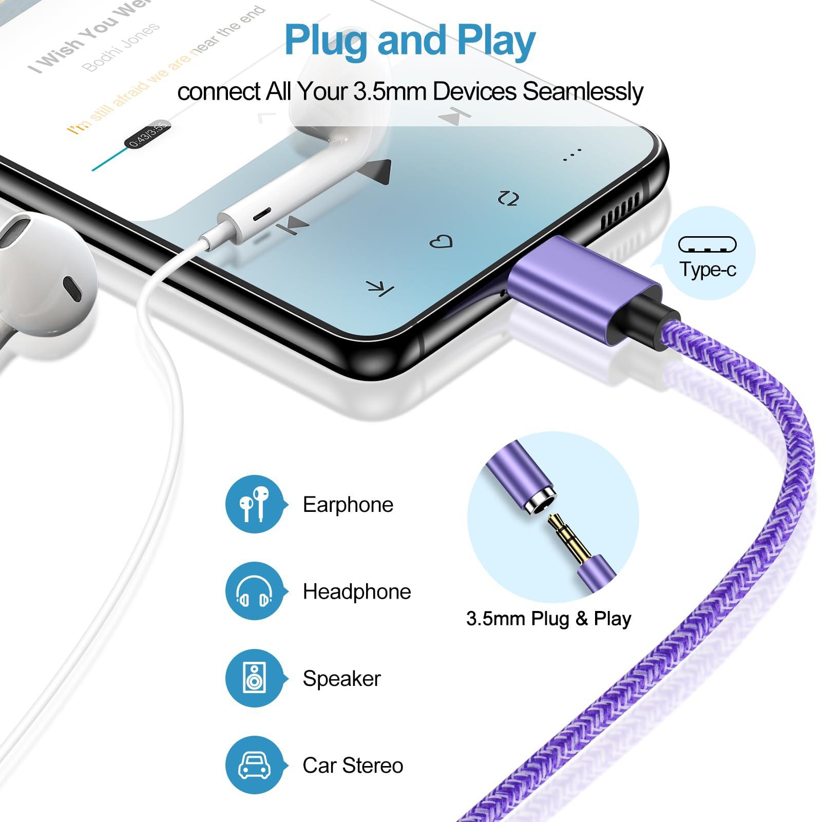 ABCPOW Samsung Audio Aux Car Stereo Jack Cable 3.3ft USB Type C to 3.5mm Headphone Jack Adapter Dongle Cord for Galaxy A17 A26 A36 A56 S25 Ultra S25 Plus S25 S24 Ultra S23 FE A16 A15 A55 A35 A32