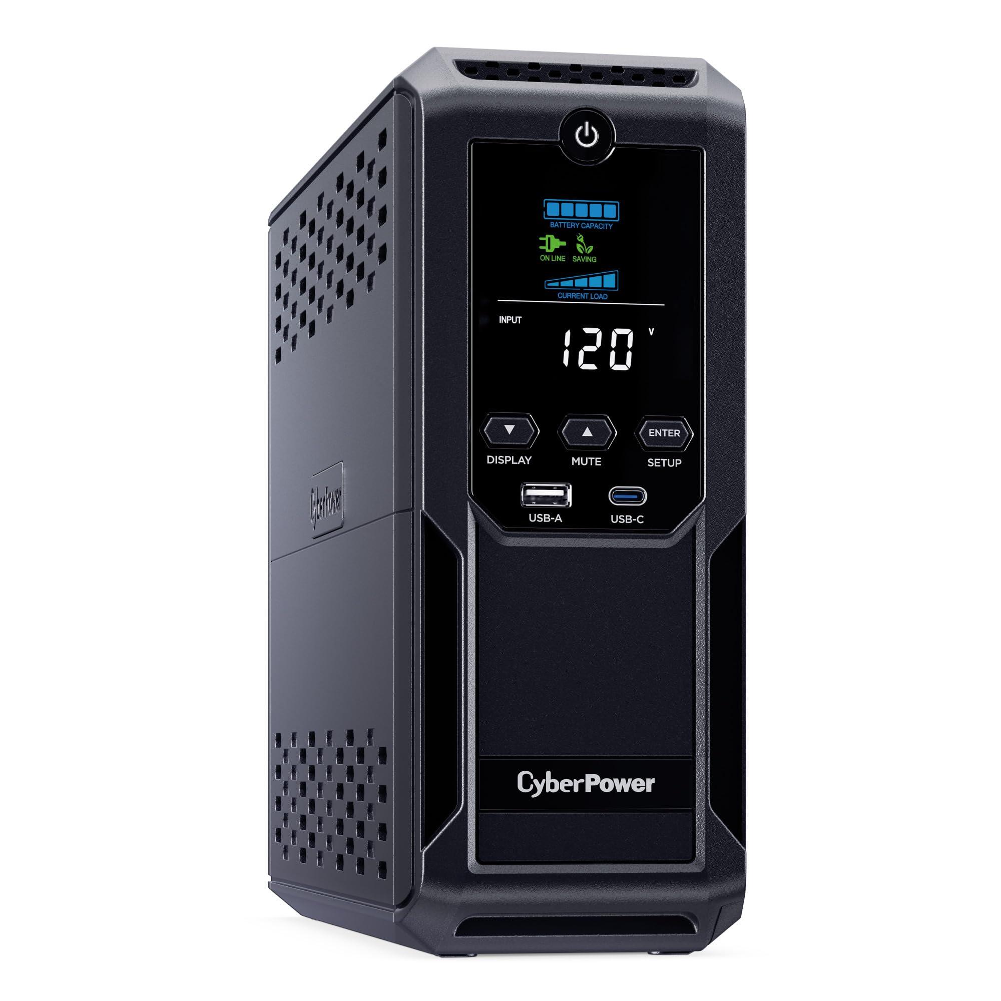 CyberPower CyberPower CP1350AVRLCD3 Intelligent LCD UPS System, 1350VA/815W, 12 Outlets, 2 USB Ports, AVR, Mini Tower, Black