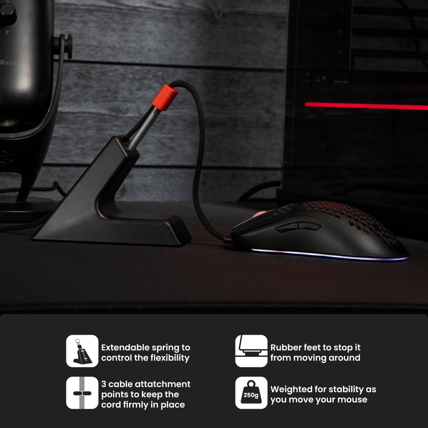 Arozzi Arozzi - Ancora Mouse Bungee with Snug Cord Holder, Rubber Feet, Extendable Spring and Weighted for Stability - Black with Red Accents