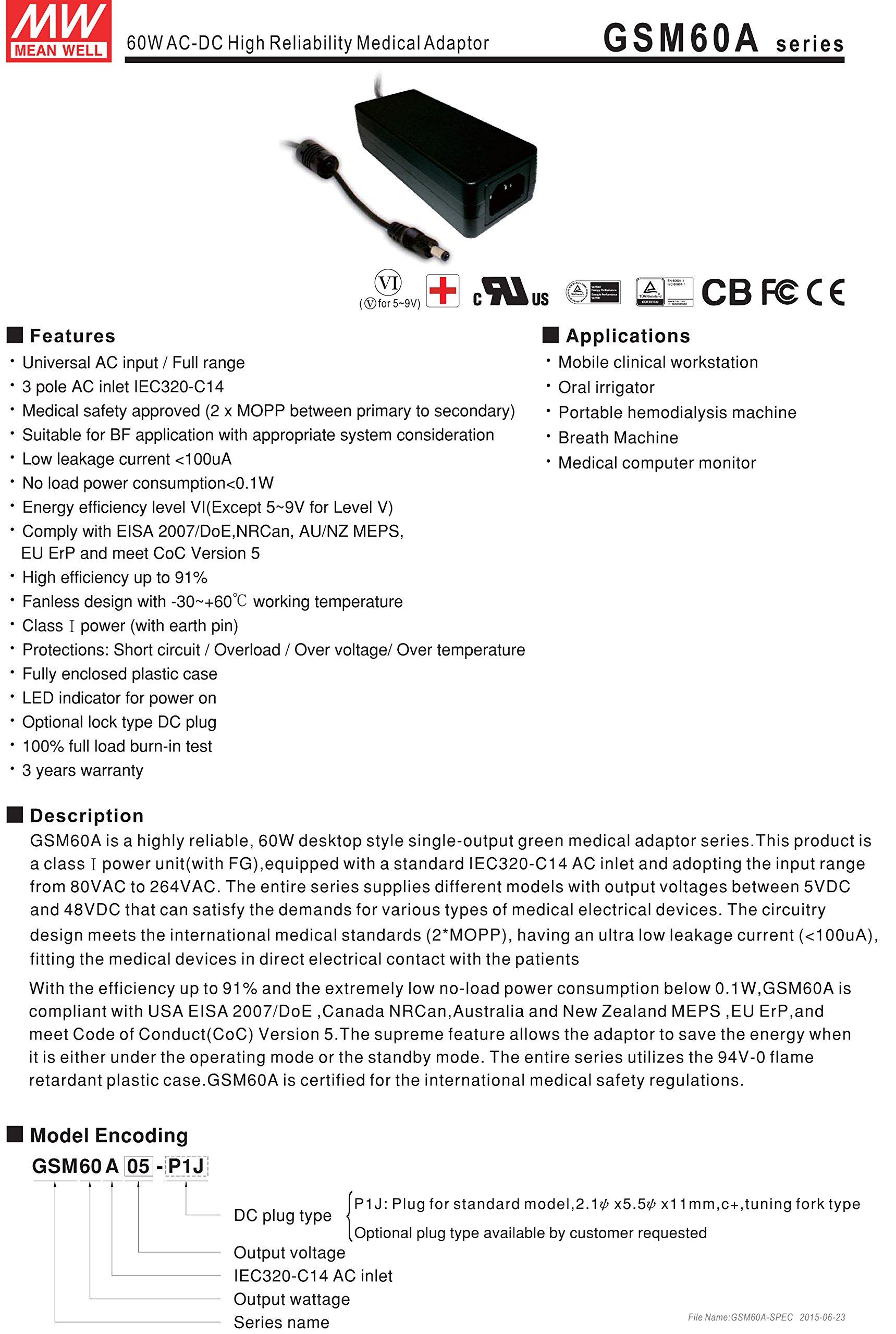 MEAN WELL MEAN WELL GSM40B48-P1J 48V 0.84A 40W AC-DC High Reliability Medical Adaptor
