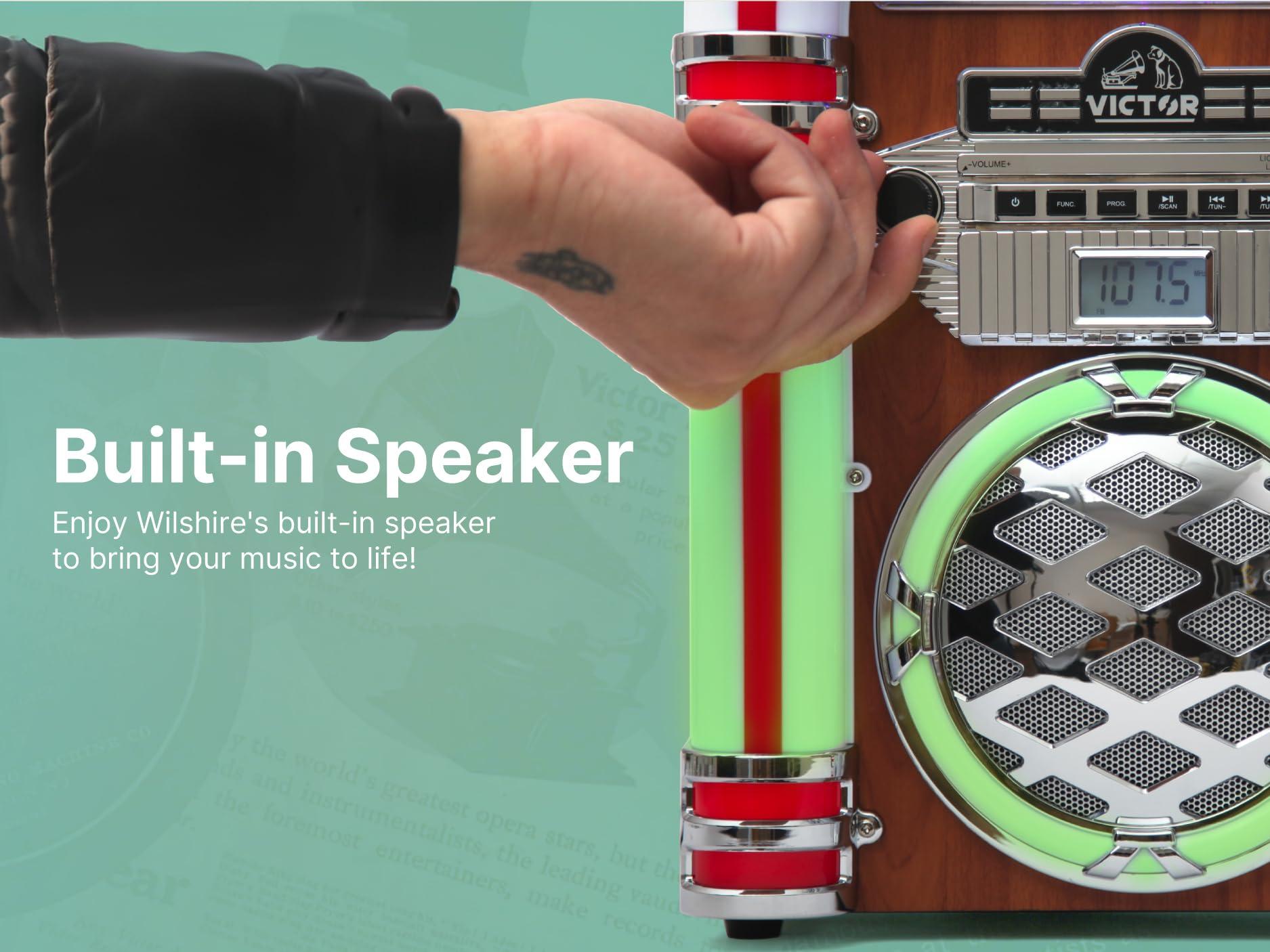 VICTOR VICTOR Wilshire Desktop Bluetooth Jukebox with FM Radio, Built-in Stereo Speaker and Multicolor LED Lighting, Mahogany (VDTJ-1450-MH)