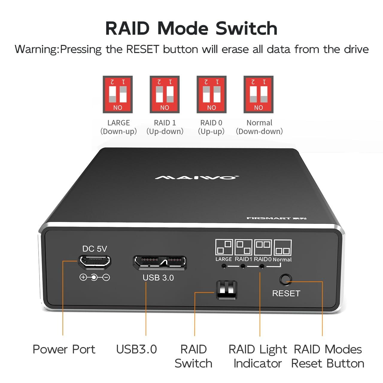 MAIWO MAIWO Dual Bay Hard Drive RAID Enclosure for 2.5 Inch SATA SSD HDD, RAID 0/RAID 1/JBOD/PM, USB 3.0 6Gbps with UASP, 16TB Capacity, External HDD Bay Aluminum
