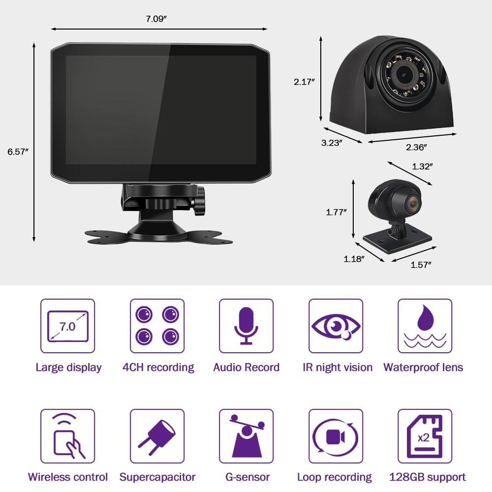 VSYSTO VSYSTO 4CH Truck Dash Camera System DVR Recorder Waterproof Backup Camera Front&Sides&Rear VGA for Truck Tractor Semi Trailer Van 7.0\" Monitor Infrared Night Vision