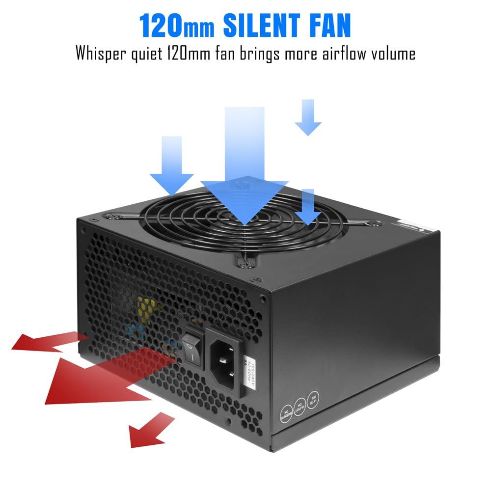 High Power HIGH POWER 600W Power Supply, 80 Plus Gold Certified PSU, Continuous Power with 120mm Whisper Quiet Fan, ATX 12V V2.3/EPS 12V Active PFC Reliable Performance, Energy-Efficient