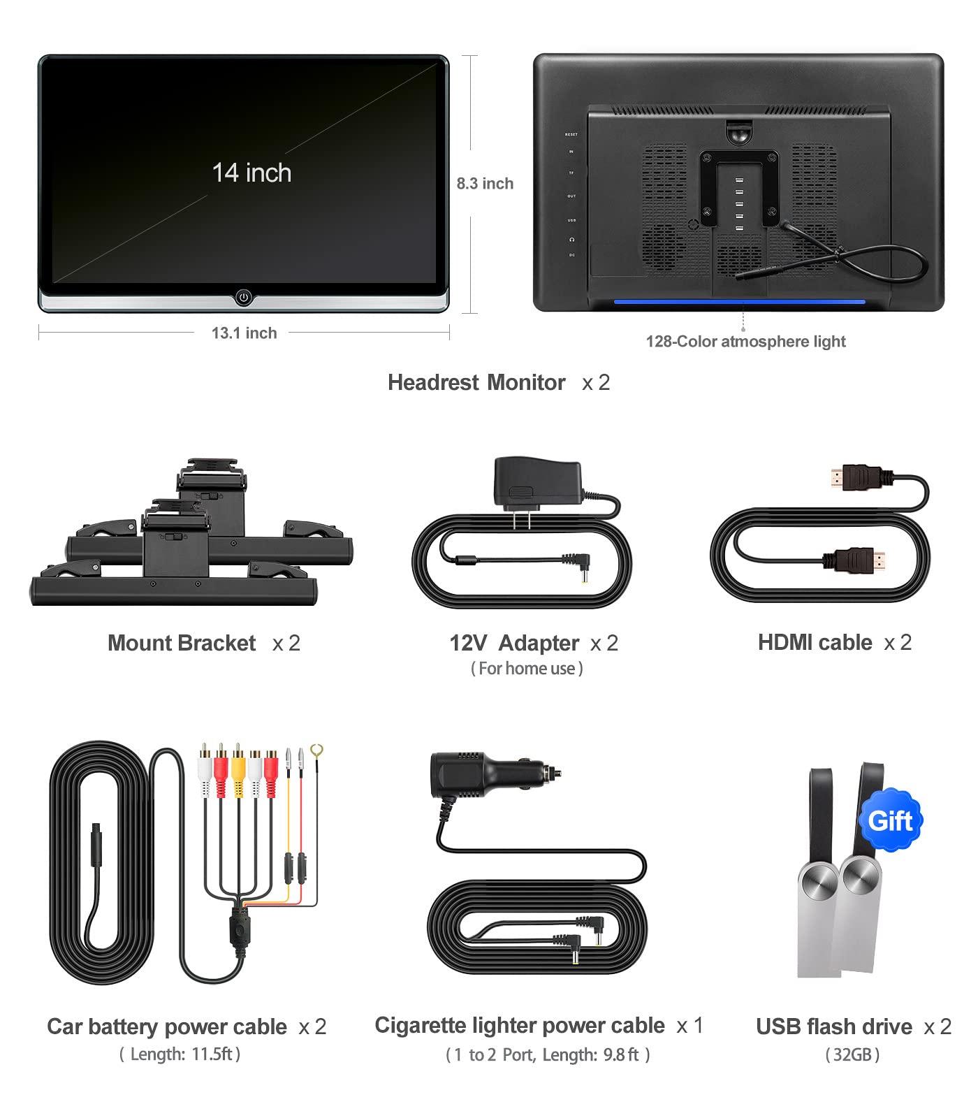 Seventour 14 inch 4K Android 10.0 Portable Car TV Headrest Monitor Tablet for Back seat, Support Phone Wireless mirroring Touch Screen,with WiFi/Bluetooth/HDMI/USB/SD/FM/Airplay Video Player 2G+32G(2*PCs)
