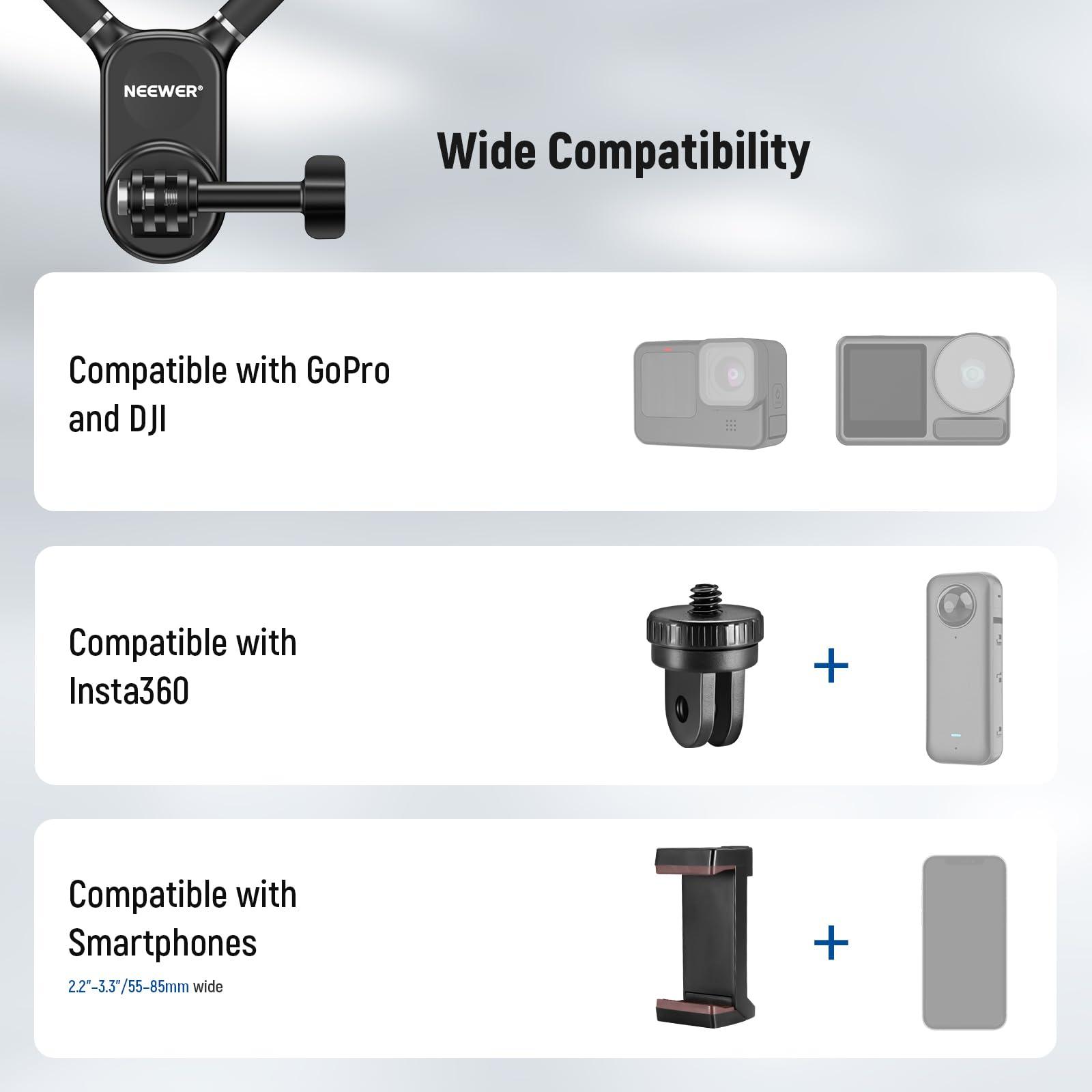NEEWER NEEWER Magnetic Neck Mount Compatible with GoPro Hero 13 12 11 MAX DJI Action 4 Insta360 iPhone 15 Pro Max Samsung S23, Quick Release Flexible POV Action Camera Neck Mount Adapter & Phone Holder, GP15
