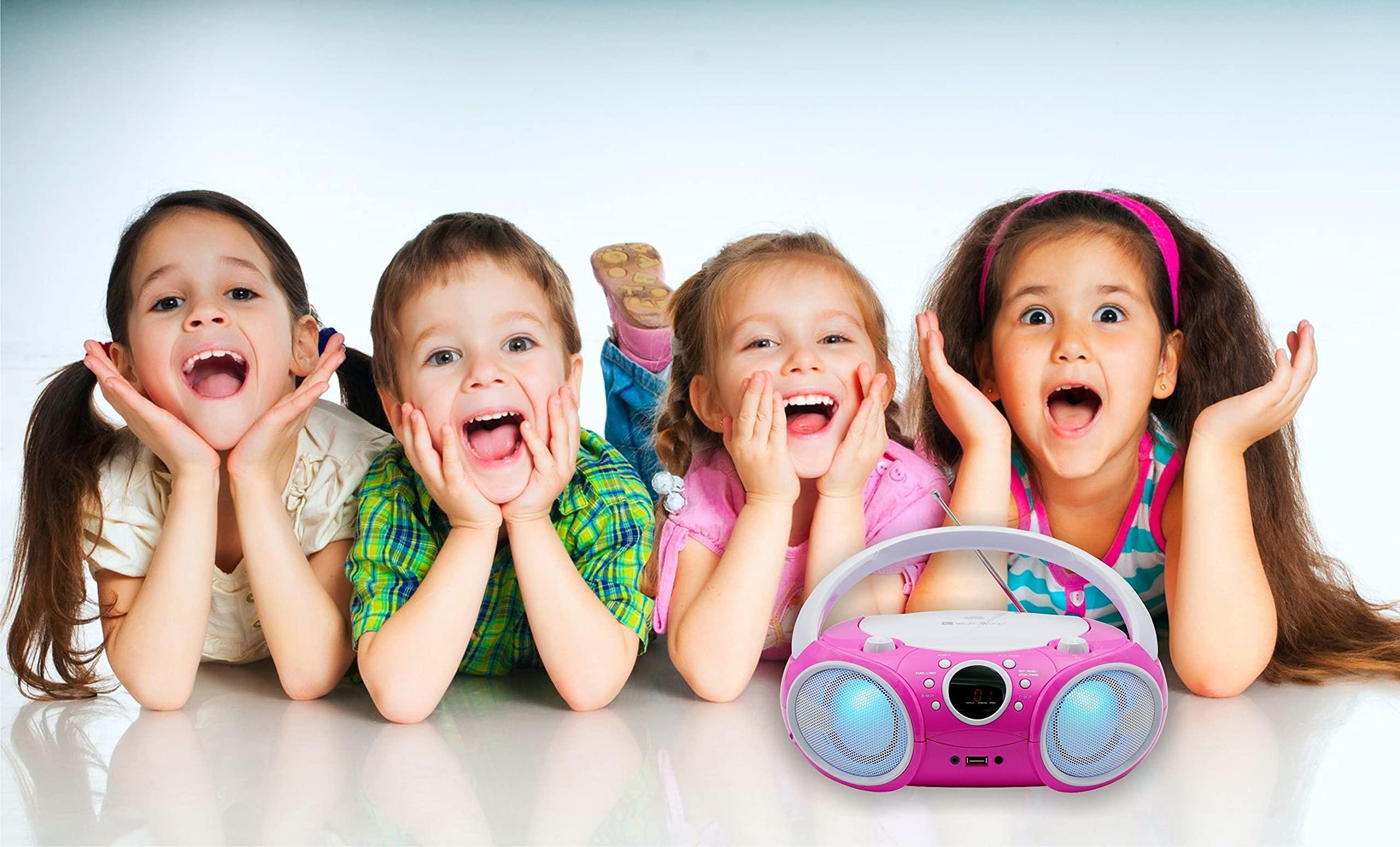 SINGING WOOD SINGING WOOD 030BTL, CD Player Boombox CD/CD-R/CD-RW, Portable w/Bluetooth, USB, AM/FM Radio, AUX-Input, Headset Jack, Foldable Carrying Handle and LED Light (Kitty Pink)