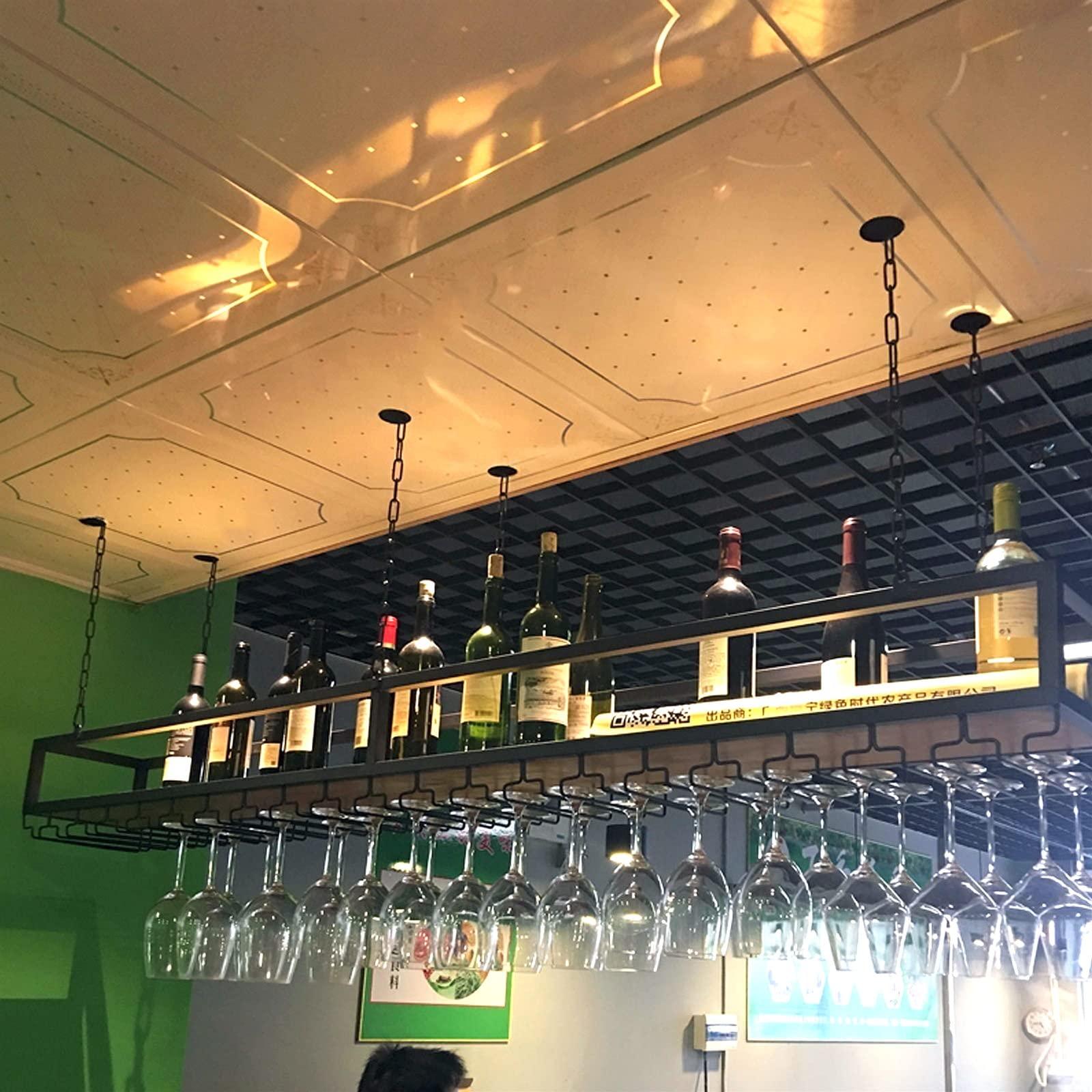 SPTZQURY Ceiling Wine Glass Rack - Hanging Wine Rack with Glass Holder and Shelf, Height Adjustable Industrial Hanging Wine Bottle Holder, Black Metal Ceiling Shelf for Bar Cafe Kitchen (31.49.88.6in)