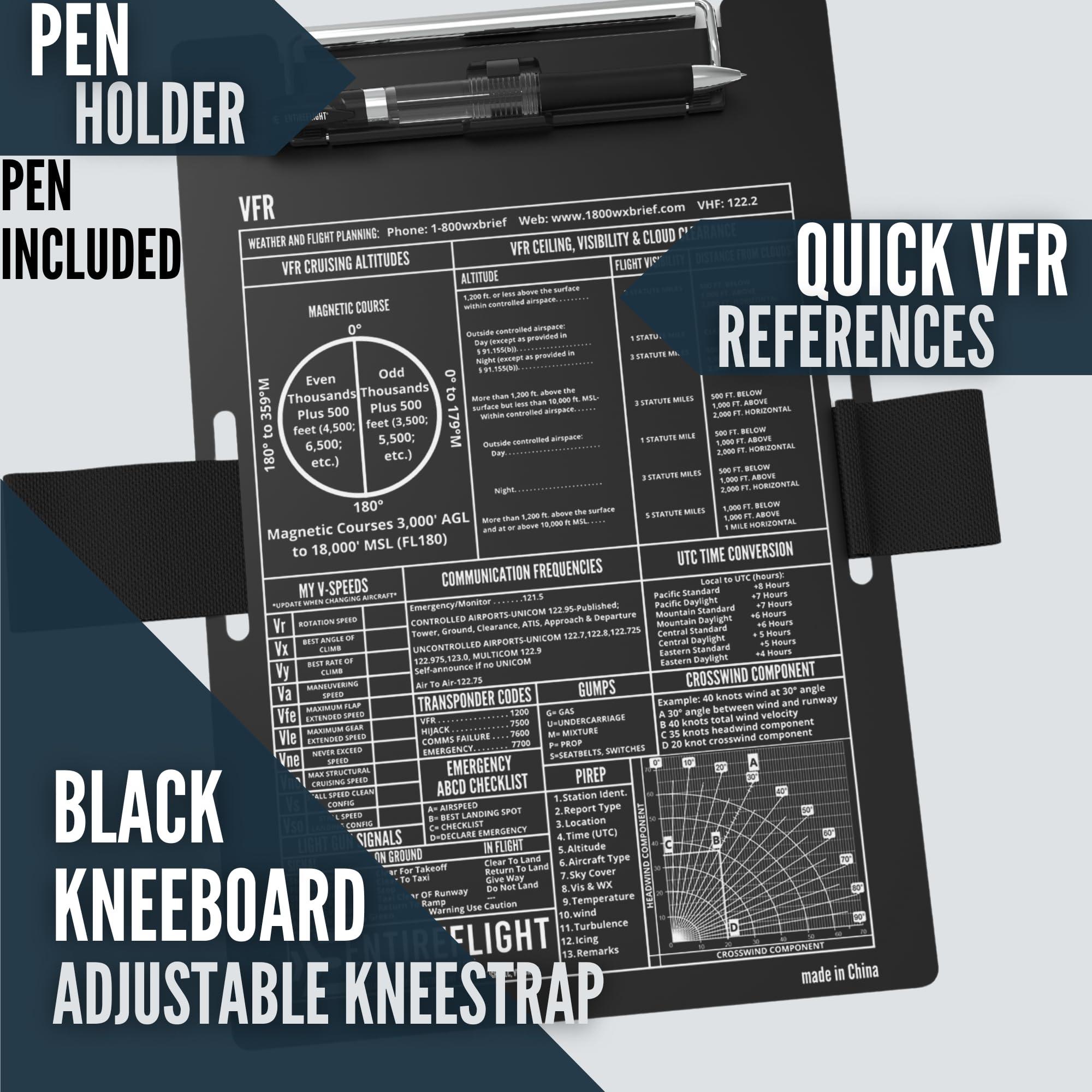 EntireFlight EntireFlight - Aviation Pilot Kneeboard VFR Black with Structured Notepad, Pilot Gear & Flight Bag Accessory, Airplane Grade Aluminum, Elastic Knee Strap & Pen Included for Pilots