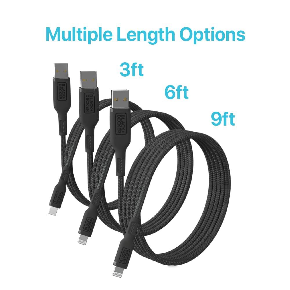 BLACK+DECKER BLACK+DECKER Lightning to USB Cable - Fast Compatible iPhone Lightning Cable - Durable Braided iPhone Charger Cord - for Travel and Daily Use - Multiple Color + Length Options - 6ft