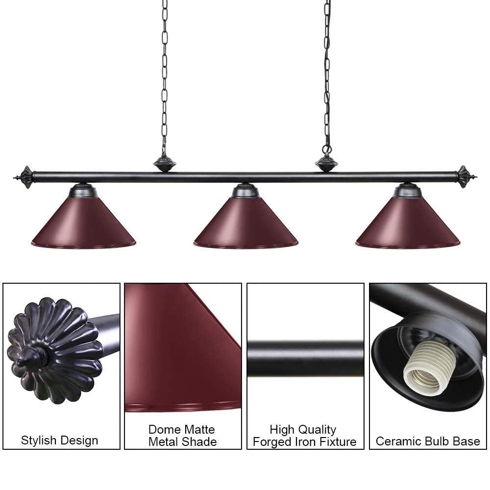 Wellmet Wellmet Pool Table Lights for 8'/9' Table with 3 Metal Shades, Billiard Lamp for Man Cave, Game Room, Kitchen Island Light for Restaurant Or Dining Room (Burgundy, 59 inch-3 Lights)