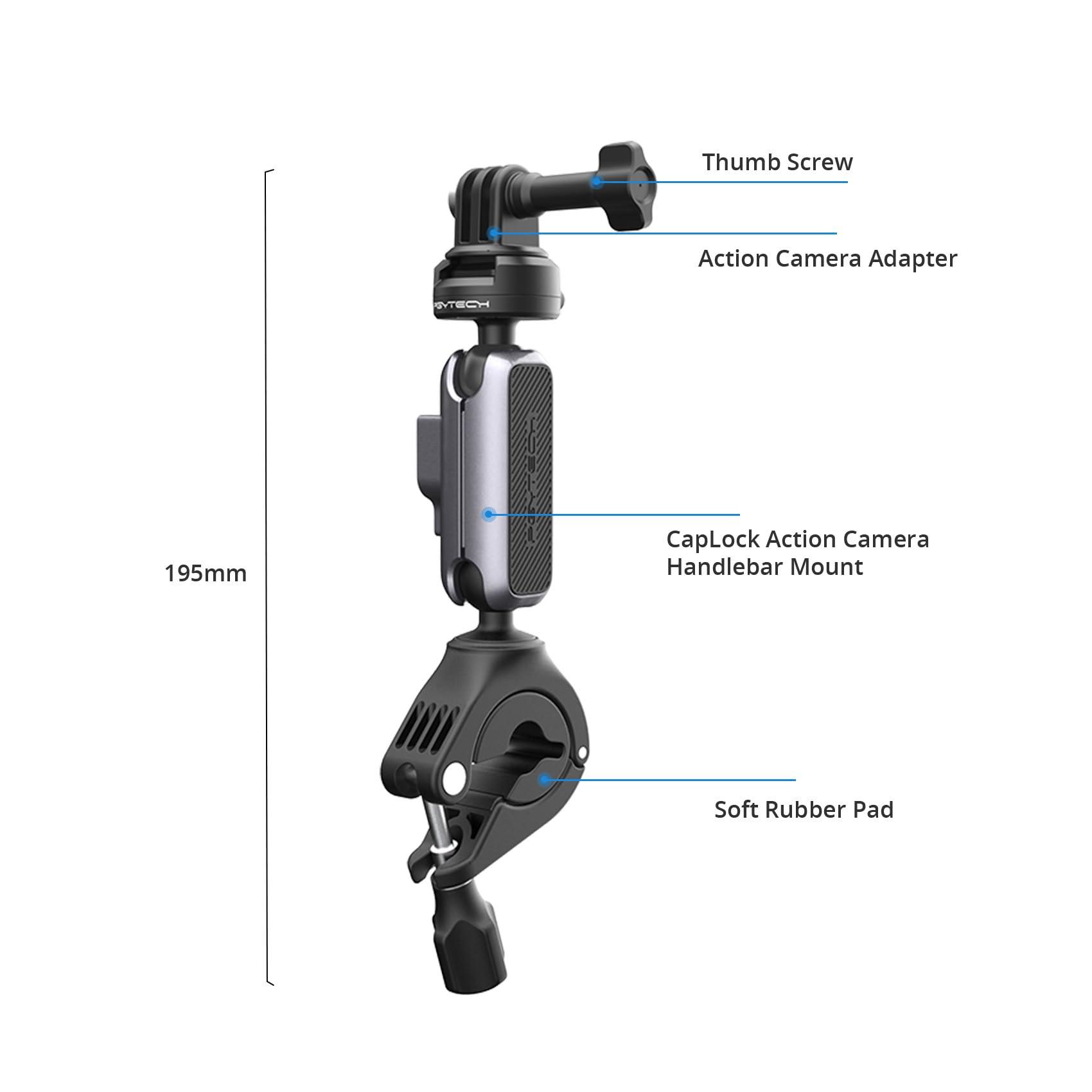 PGYTECH PGYTECH CapLock Bike Motorcycle Handlebar Mount for DJI OSMO Action 5 Pro/4/3/Pocket 3, for Gopro Hero 13/12/11, for Insta360 Ace Pro 2/X4/X3/ONE RS, Action Camera Phones with 1/4\"-20 Thread Adapter