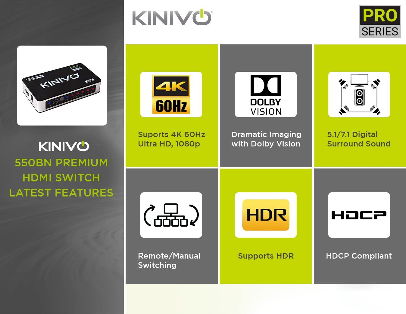 Kinivo Kinivo HDMI Switch 4K HDR 550BN (5 in 1 Out, 4K 60Hz HDR, HDMI 2.0, High Speed 18Gbps, IR Remote, HDCP) - Compatible with Roku, PS5, Xbox, Apple TV, Nintendo Switch, Cable Box