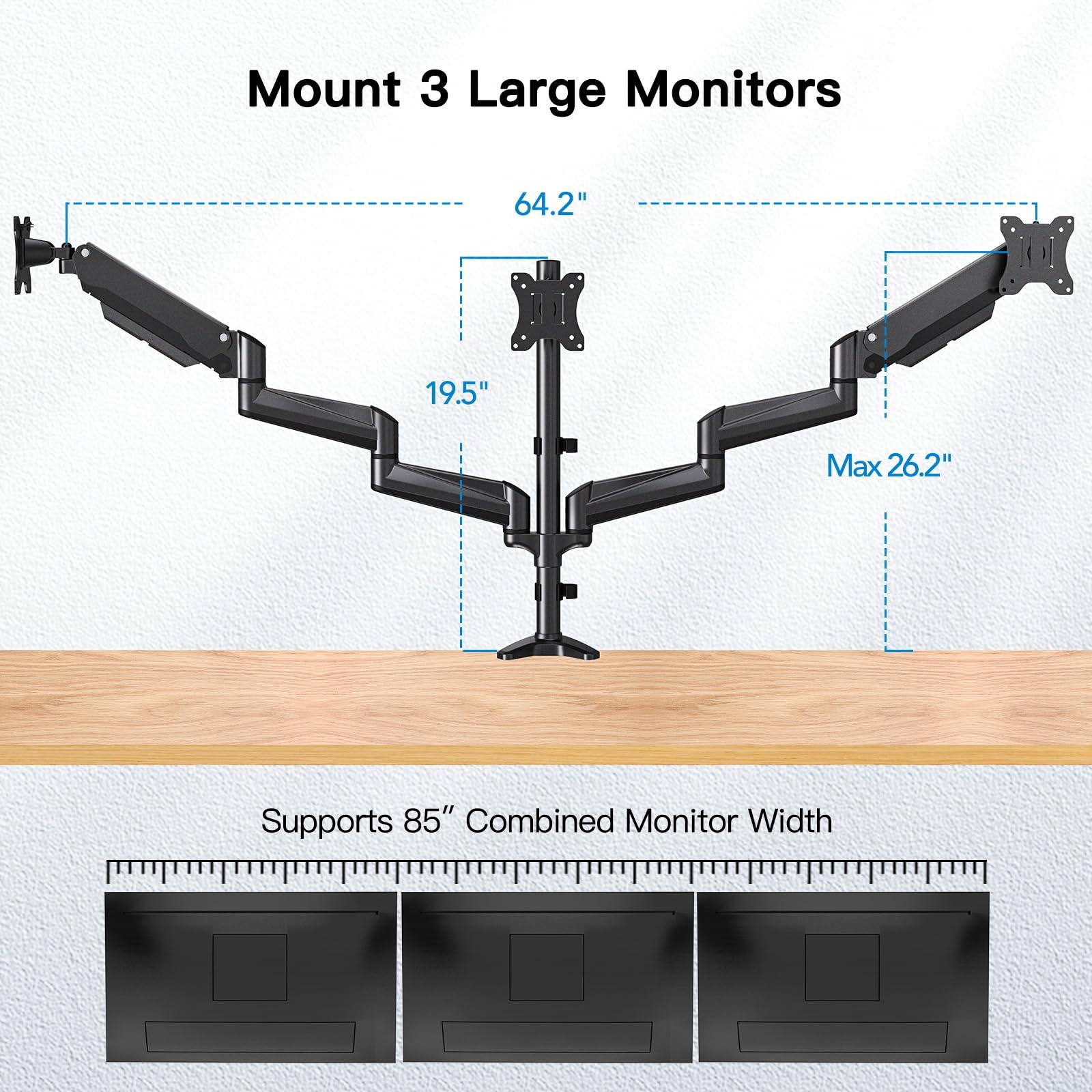 HUANUO HUANUO Triple Monitor Mount for 17 to 32 inch Screens, Gas Spring Adjustment Triple Monitor Stand with Swivel, Tilt, Rotation, Clamp & Grommet Kit (Black)