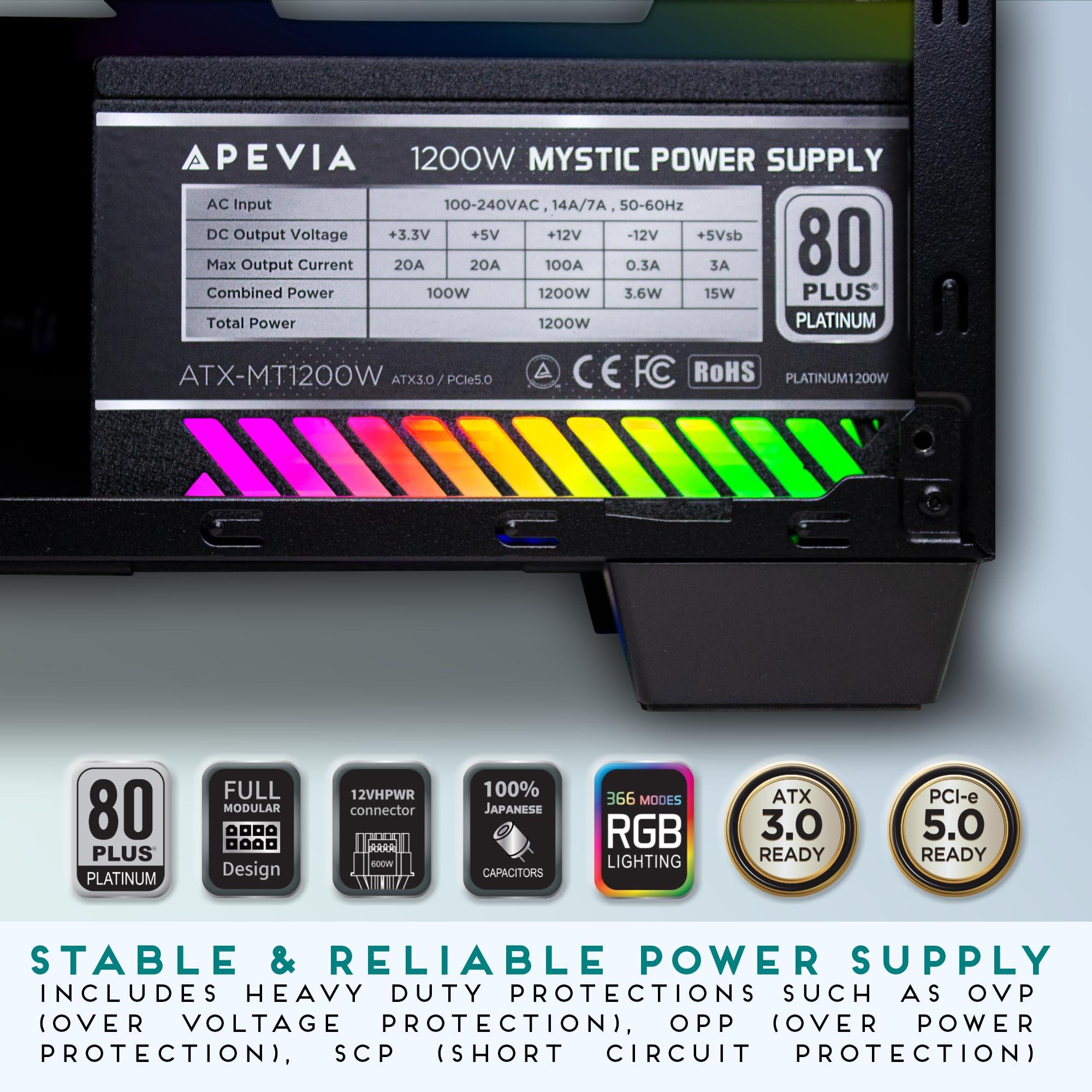Apevia Apevia ATX-MT1200W Mystic 1200W Fully Modular 80+ Platinum Certified, PCIe 5.0 & ATX 3.0 Ready Active PFC ATX RGB Gaming Power Supply, Includes Gen 5 12VHPWR Connector & 366 RGB Light Modes