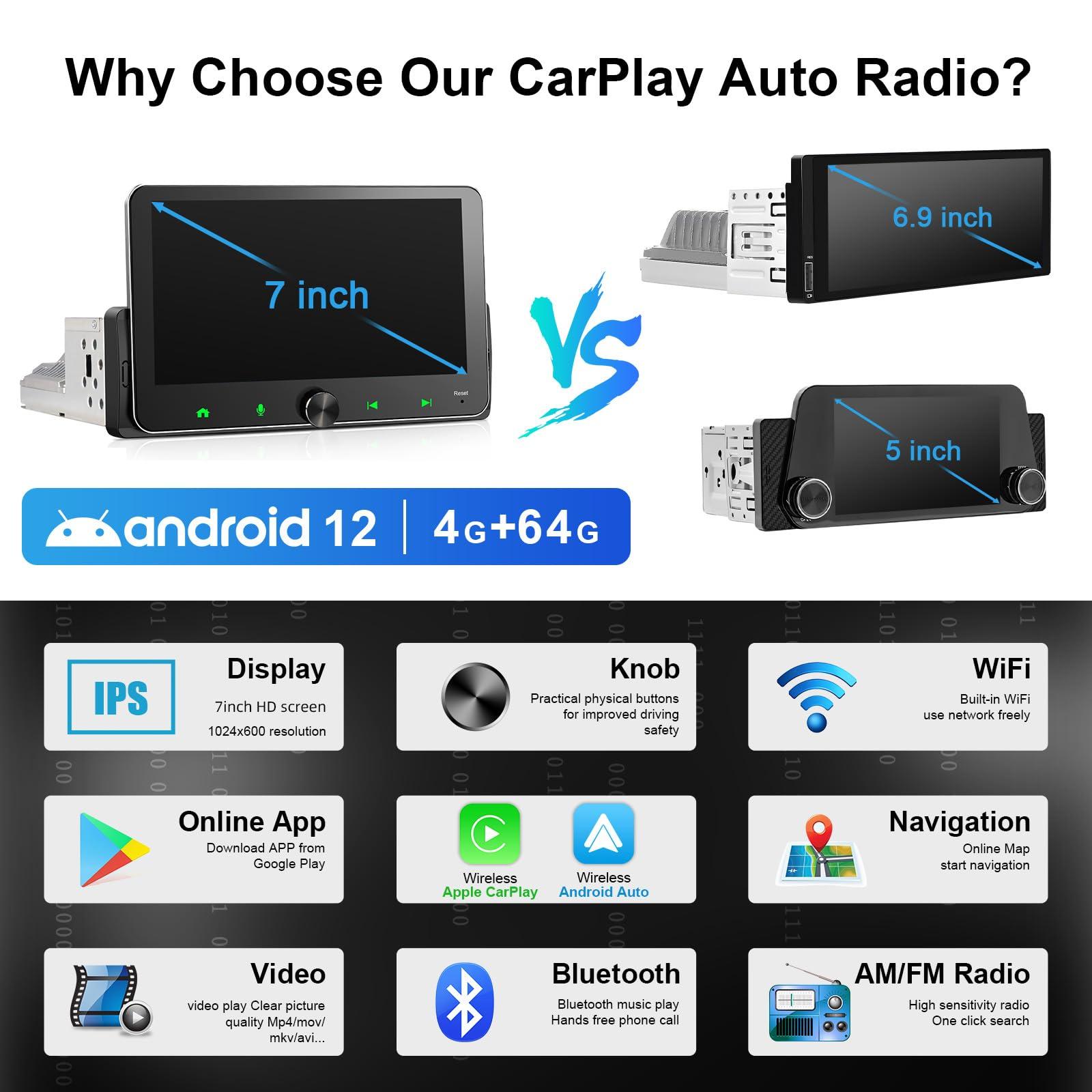IYING Wireless CarPlay Single Din Android Auto, 4G+64G 7 Inch Touchscreen Car Stereo with Bluetooth, Wireless CarPlay, GPS Navigation WiFi AM/FM Multimedia Player Head Unit