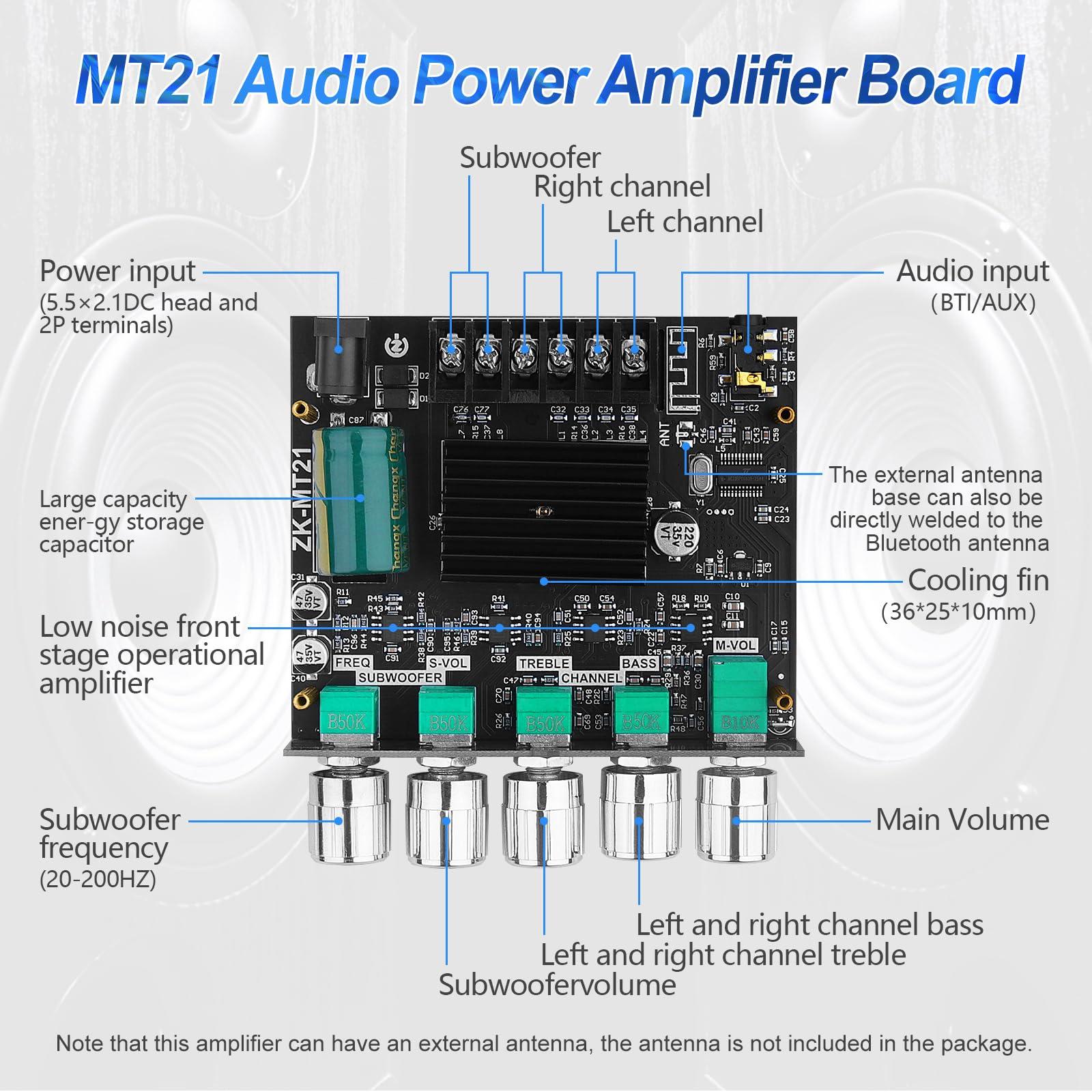 ARRAROWN Bluetooth 5.0 Audio Amplifier Board, ZK-MT21 2.1 Channel 50W X 2 +100W Mini Subwoofer Power Amp HiFi Digital Audio Amp Module for Home Speakers(20-100W, 4-8Ohms), DC 12-24V, BT AUX Input