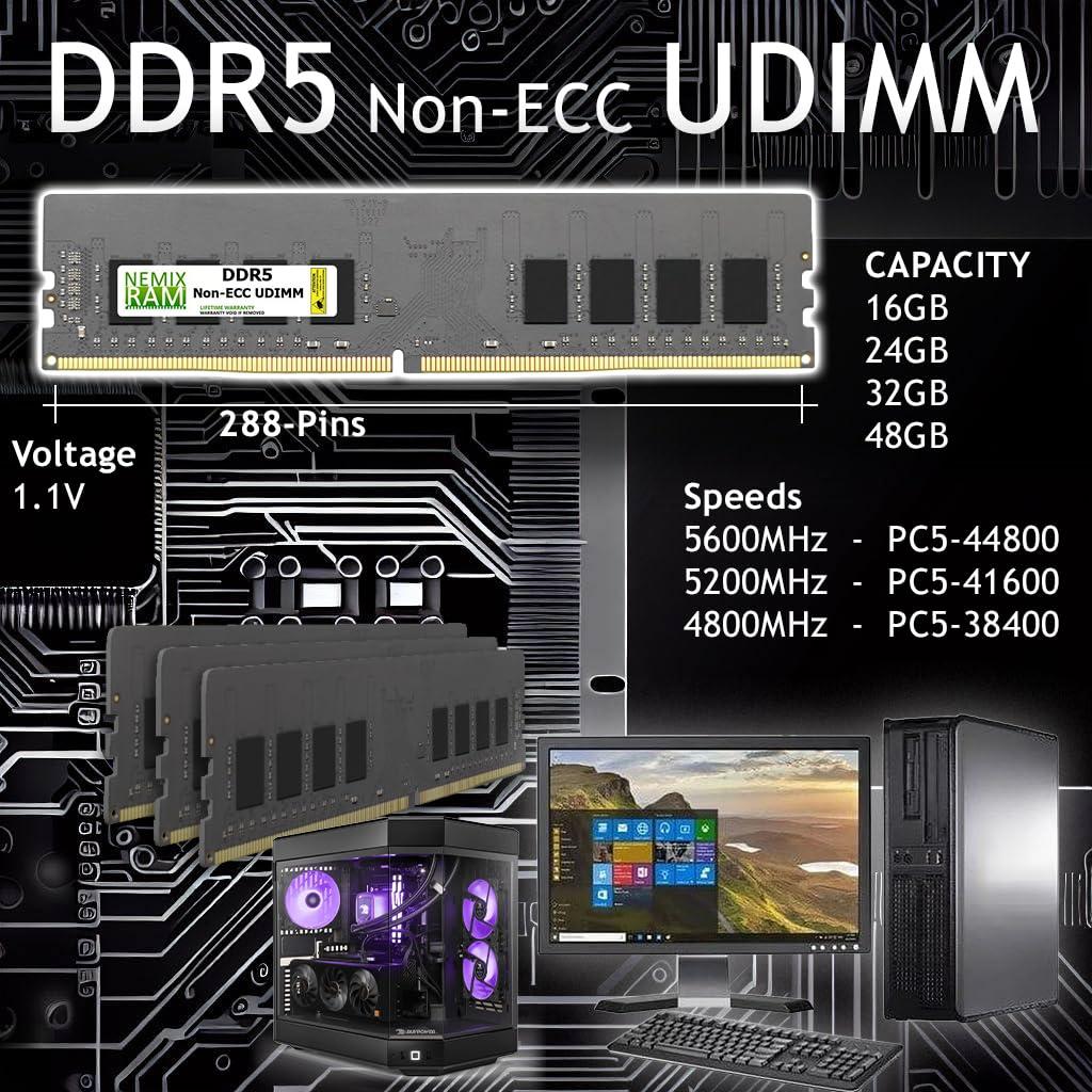 NEMIX RAM NEMIX RAM 32GB (1X32GB) DDR5 5200MHz PC5-41600 2Rx8 1.1V CL44 288-PIN Non-ECC Unbuffered UDIMM Desktop PC RAM Memory