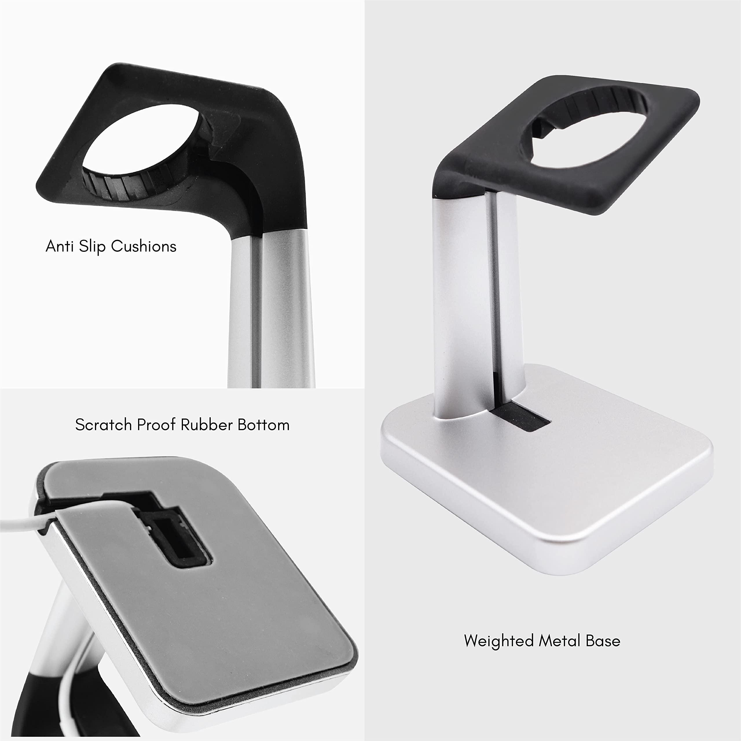 Macally Macally Apple Watch Stand for Series Ultra 9 8 7 6 5 4 3 2 1 SE (49mm 45mm 44mm 42mm 41mm 40mm 38mm) - Apple Watch Charger Stand Dock Holder - Sleek Desk iWatch Charging Station - Silver