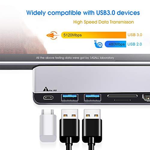 1ASALL Surface Pro 7 Hub Docking Station, 1ASALL USB C Hub Adapter for Surface Pro 7, USB A and USB C Port Converter with 4K HDMI, SD/TF Card Reader, USB-C 5Gbps Data Port, and 2 USB 3.0 Ports. (Silver)