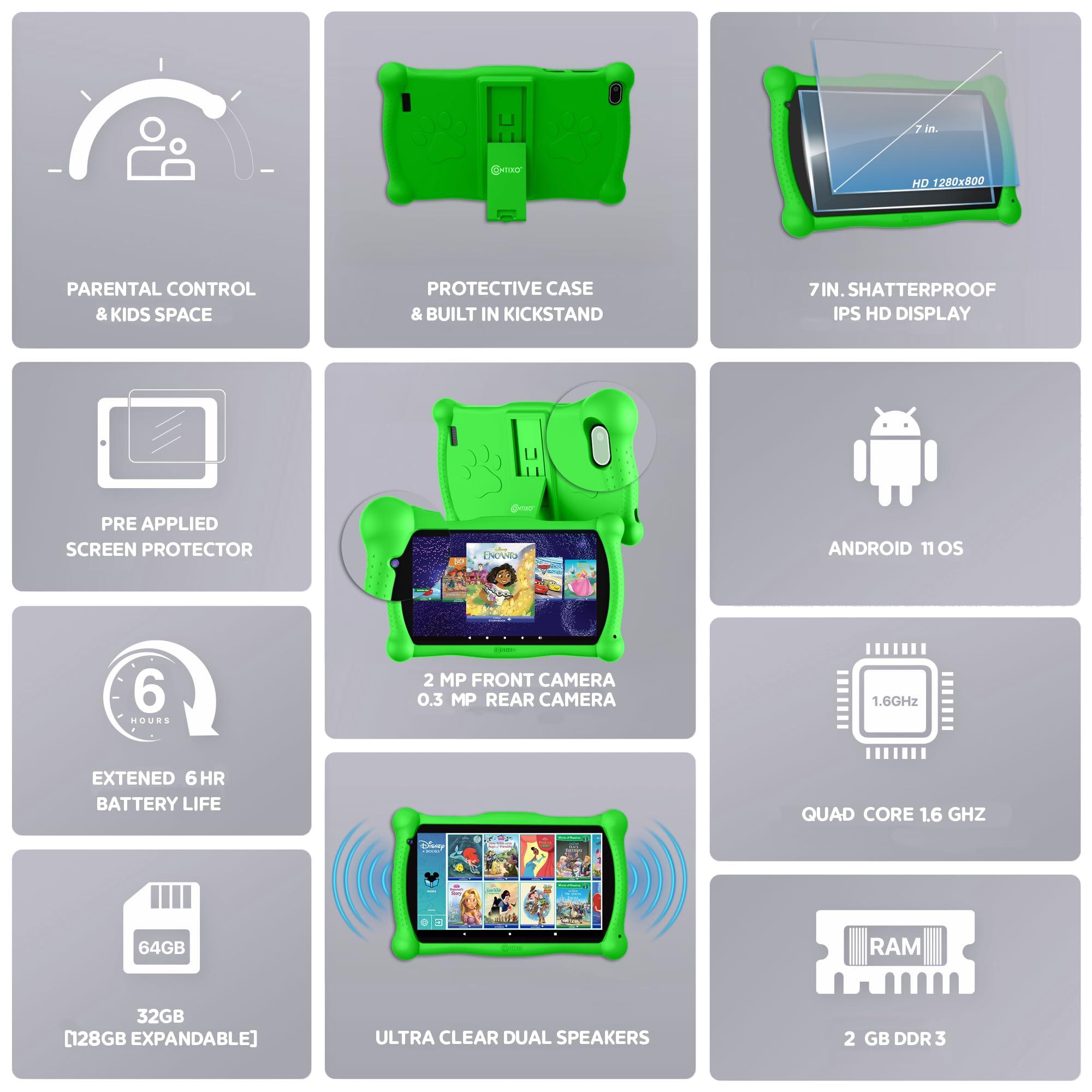 Contixo Contixo 7" Disney Kids Learning Tablet Bundle - Headphones, Stylus & Bag, Pre-Installed Disney Storybook (Value $200) & Teacher-Approved Apps, Parental Controls, Ideal for Education - Green