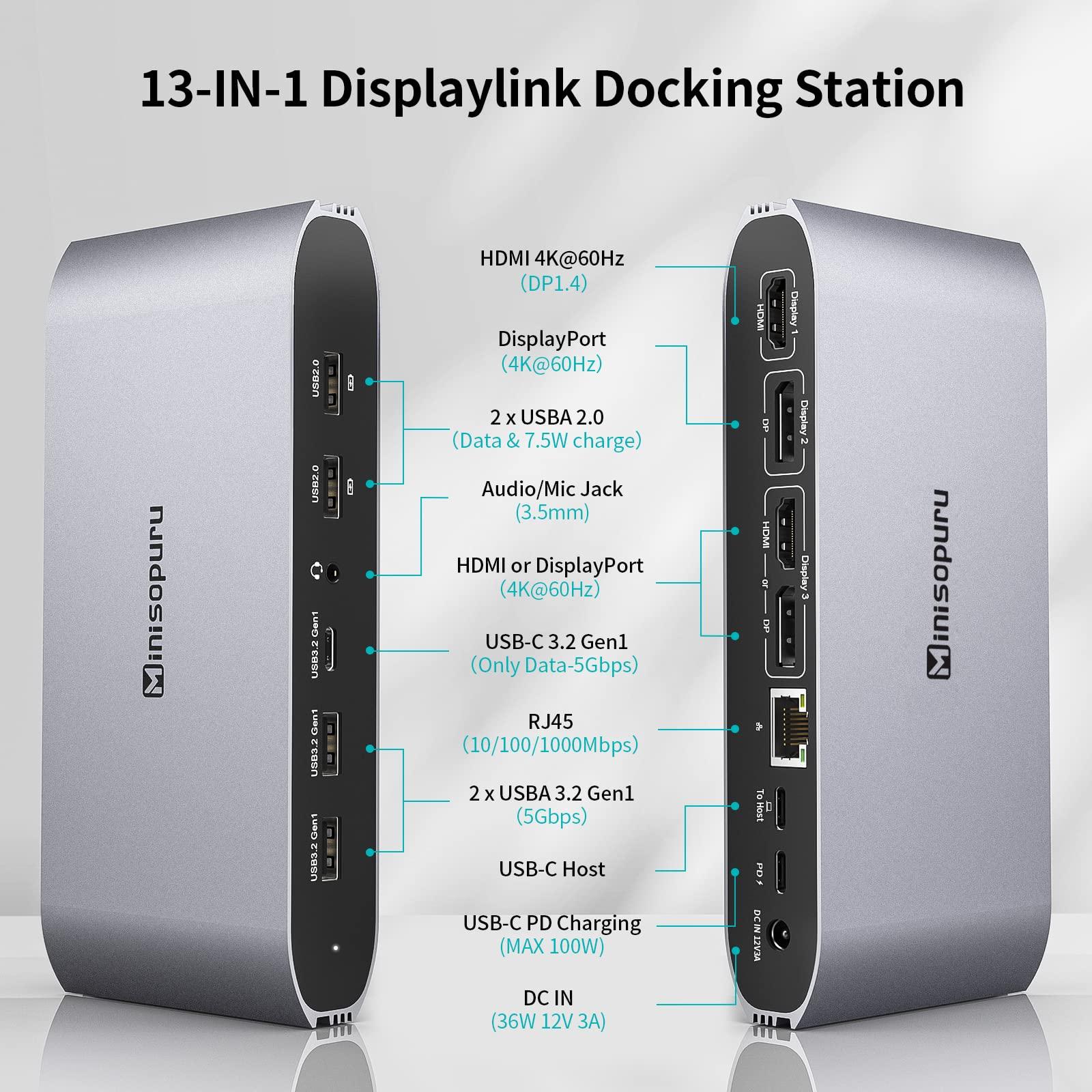 minisopuru Minisopuru Displaylink Triple Display Docking Station for MacBook M1/M2/M3/M4/Windows,DisplayLink Docking Station with 2 HDMI & 2 DisplayPort,100W Charge, USB-C Data, Ethernet, Audio, 4 USBA Ports