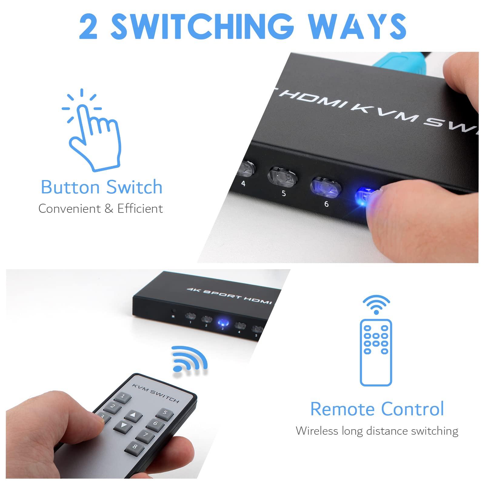 TCNEWCL TCNEWCL 8 Port KVM Switch HDMI, 4K@30Hz 8 in 1 Out HDMI KVM Switch for 8 PC Sharing 1 HD Monitor and 4 USB devices with IR Remote & 8 HDMI Cables