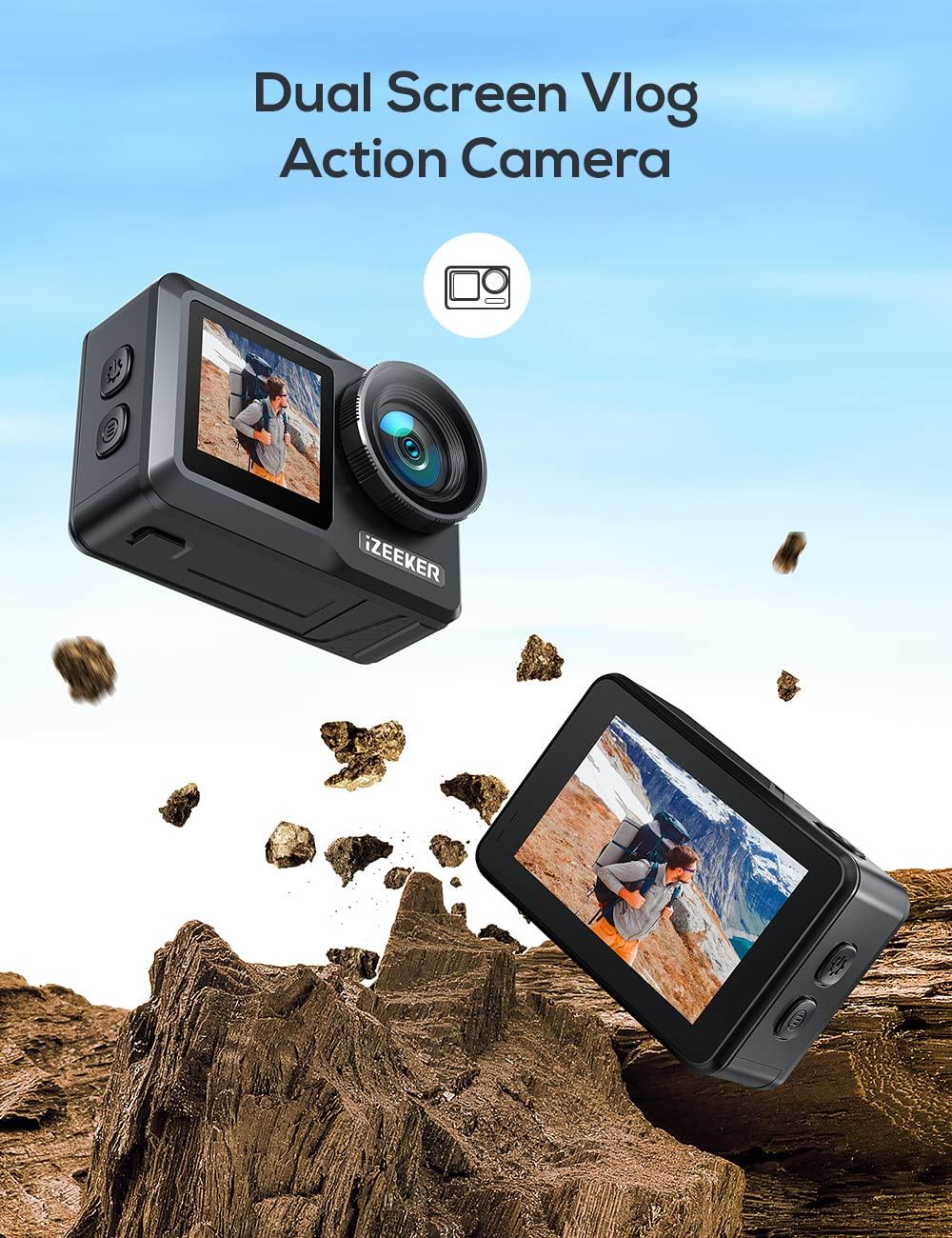 iZEEKER iZEEKER Action Camera 4K 24MP with Touchscreen, 40M Underwater Camera Waterproof, Dual Screen Vlog Camera with EIS3.0, WiFi, Remote Control with 2X 1350mAh Batteries,Charger and Accessory Kit-iA800