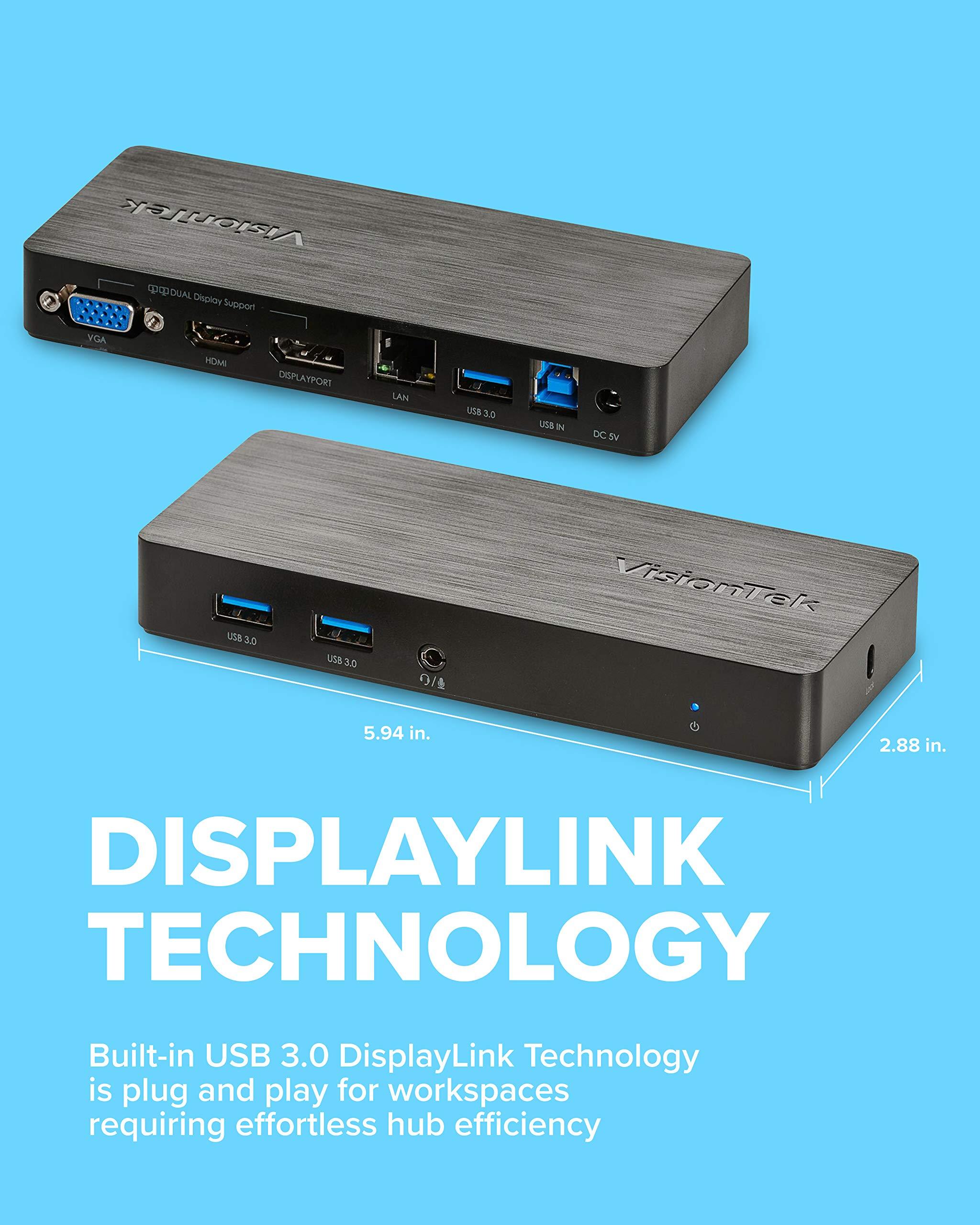 VisionTek VisionTek VT1000 Universal Dual Full HD USB 3.0 Laptop Monitor Docking Station, Displaylink, HDMI, DisplayPort, VGA, RJ45 Ethernet, for MacBook & Windows (901147) (Renewed)