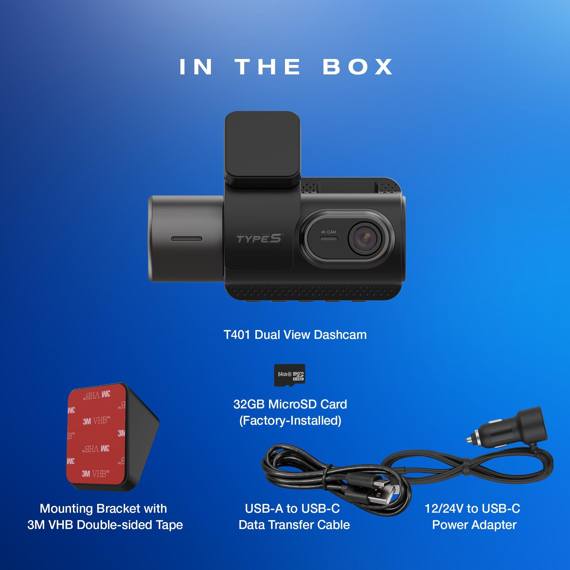 TYPE S TOURING ITEMS Type S T401 4K Dual View Dash Cam with AI Driver Assistance and in-Car Surveillance Camera, AI-Powered Lane, Car, Pedestrian Recognition