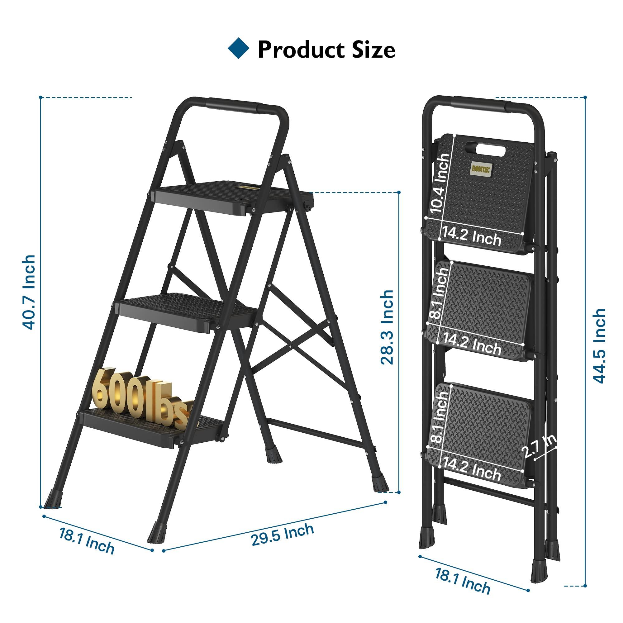 BONTEC BONTEC 3-Step Ladder, Folding Step Stool with Wide Anti-Slip Pedals, Max Load Capacity 600lbs Sturdy Steel Ladder, Convenient Handgrip, Lightweight Portable Step Stool for Adults, Black